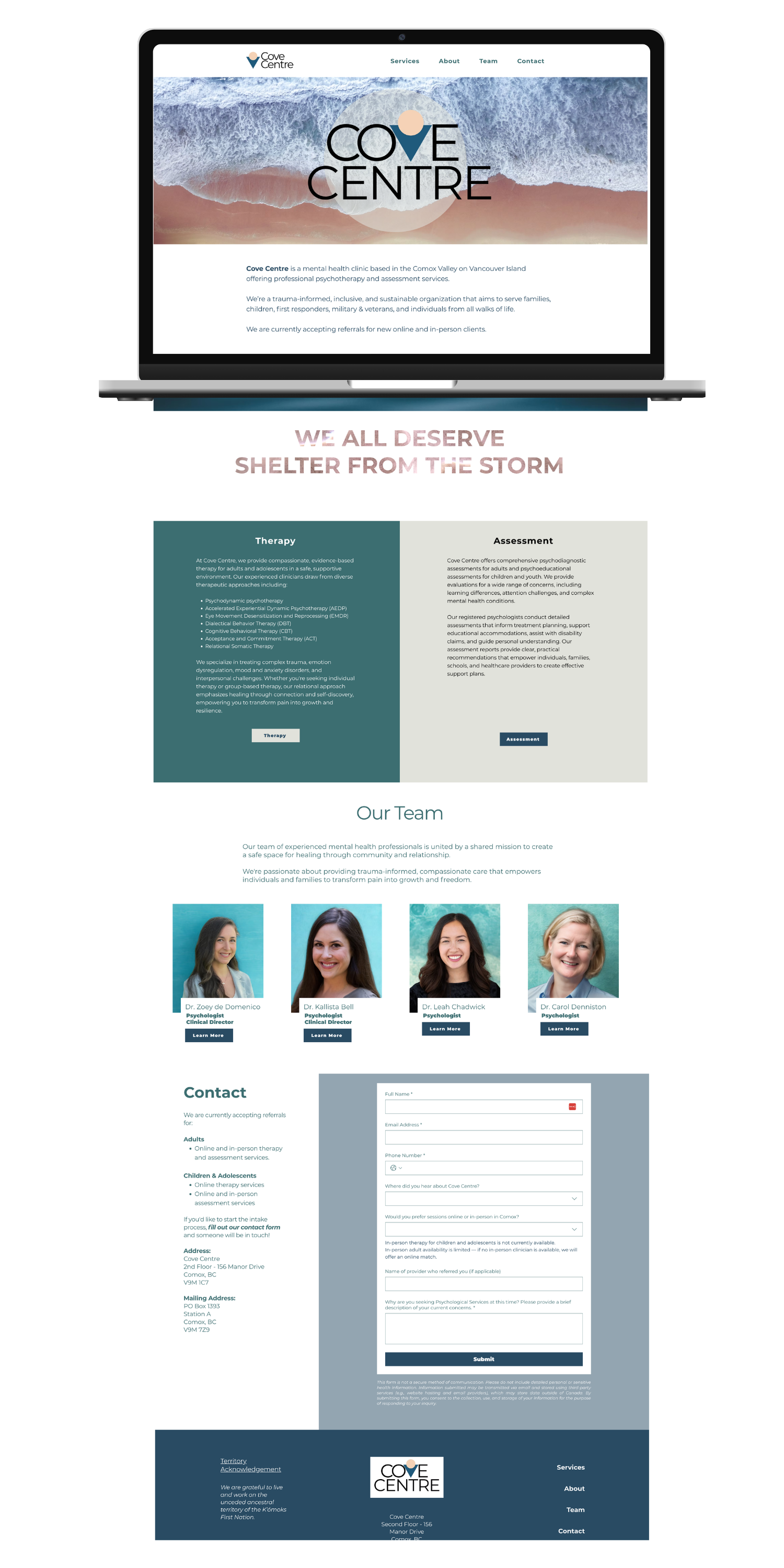 Screenshot of a mental health clinic's website homepage with a beach scene background, the clinic's name 'Cove Centre,' focus on therapy and assessment services, team photos of four psychologists, and a contact form.