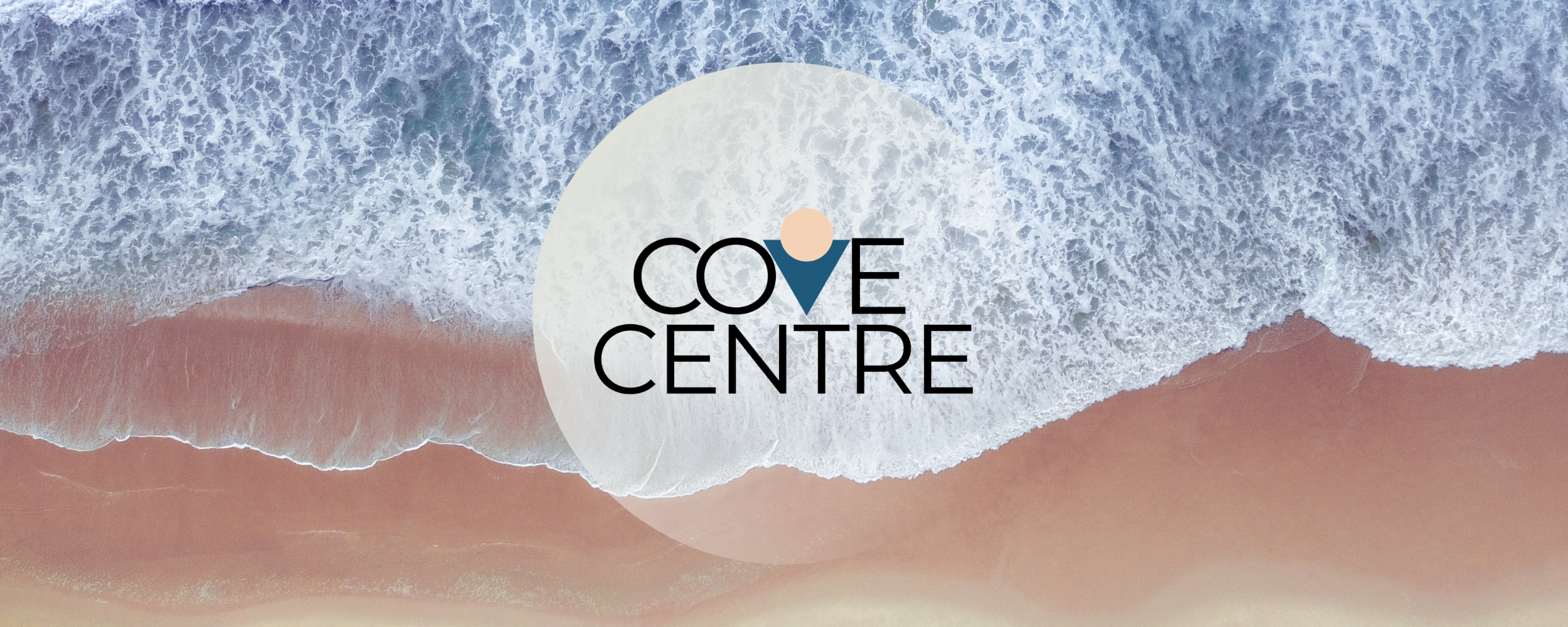 An aerial view of a beach with waves crashing onto the sand and a logo that says "Cove Centre" overlayed on the image.