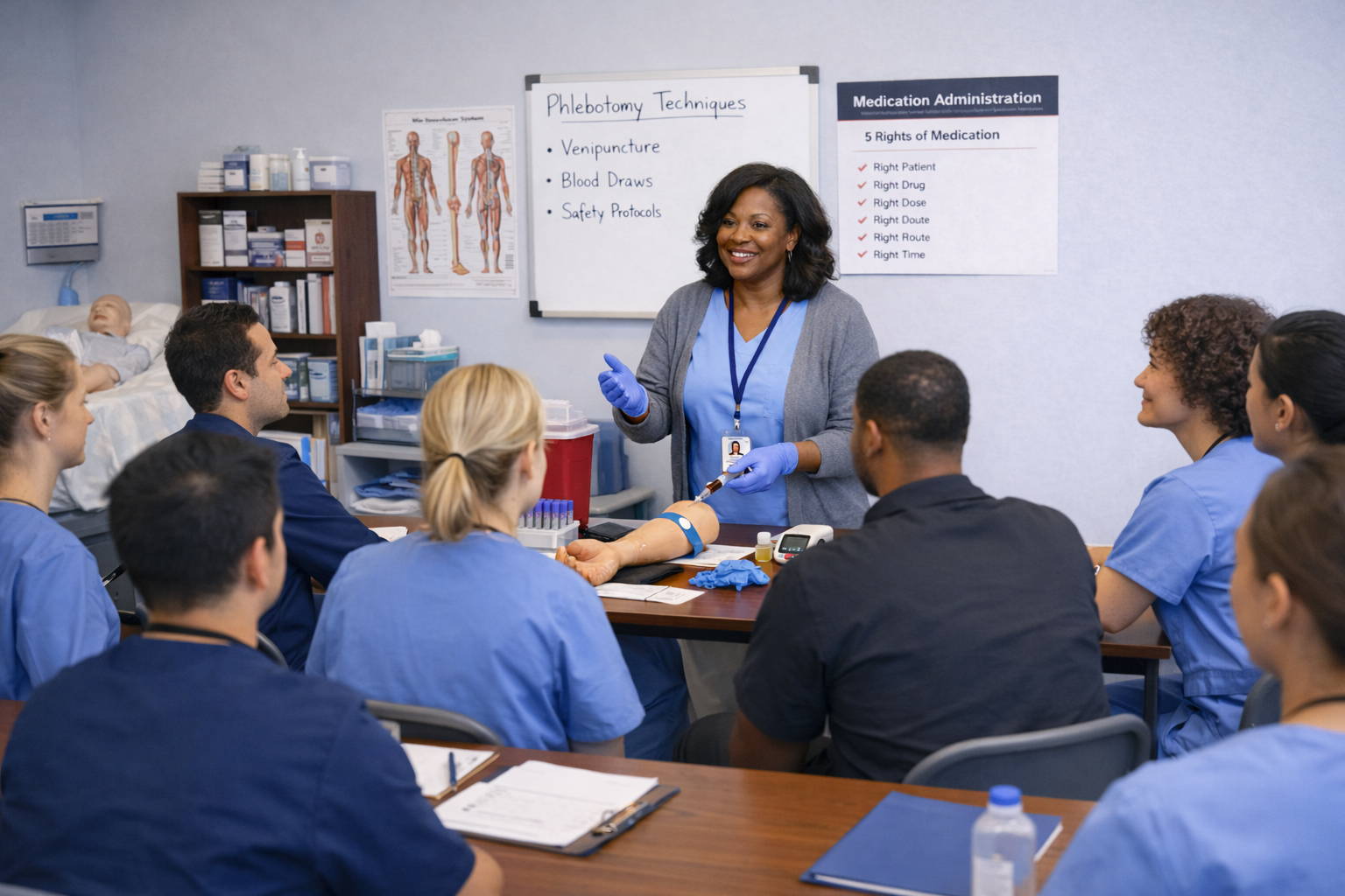A medical instructor demonstrating a procedure on a patient simulator arm to a class of nursing students in a classroom setting with medical posters and supplies.