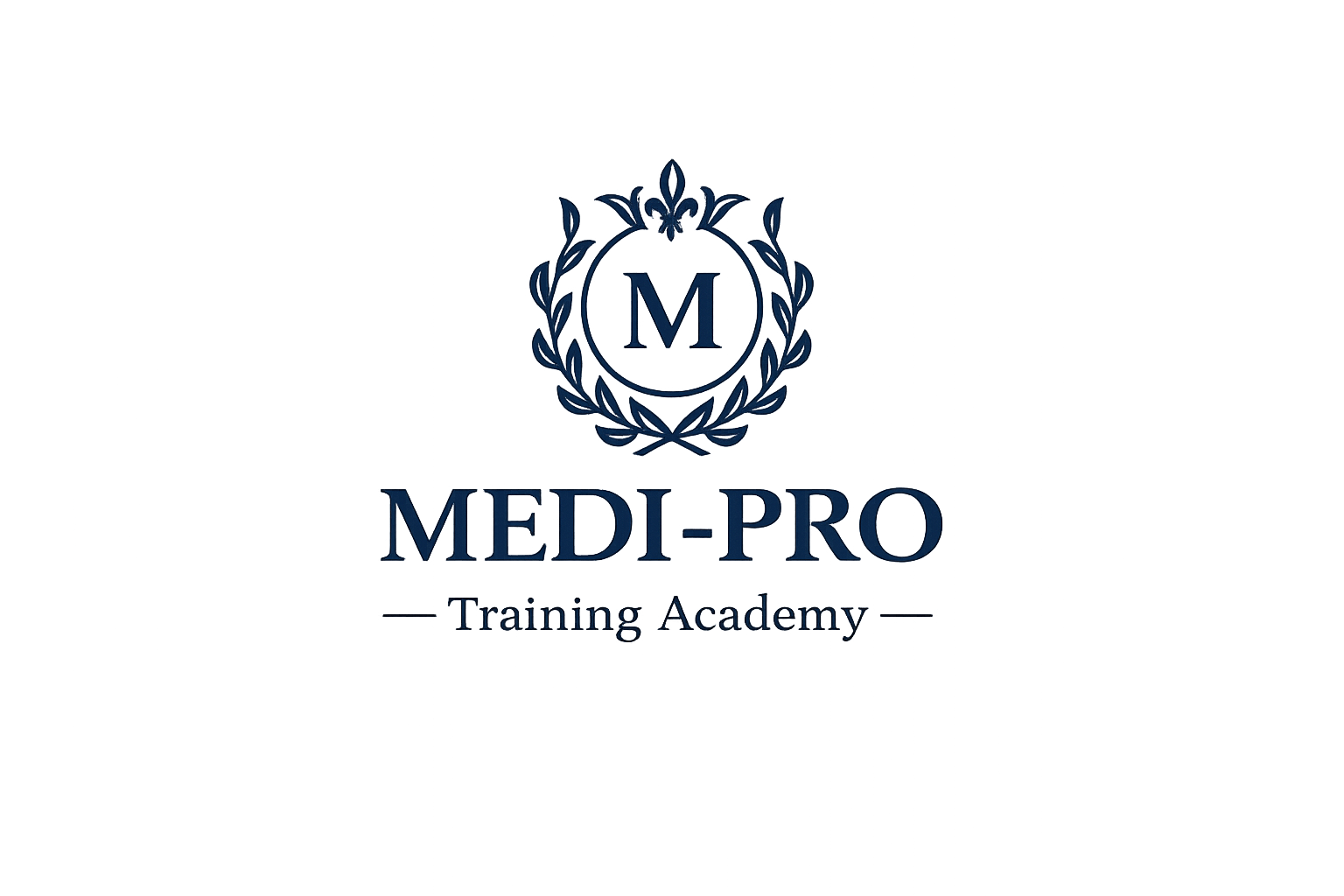 Logo for MEDI-PRO Training Academy featuring a decorative crest with a letter M inside a laurel wreath, with the text 'MEDI-PRO Training Academy' below.