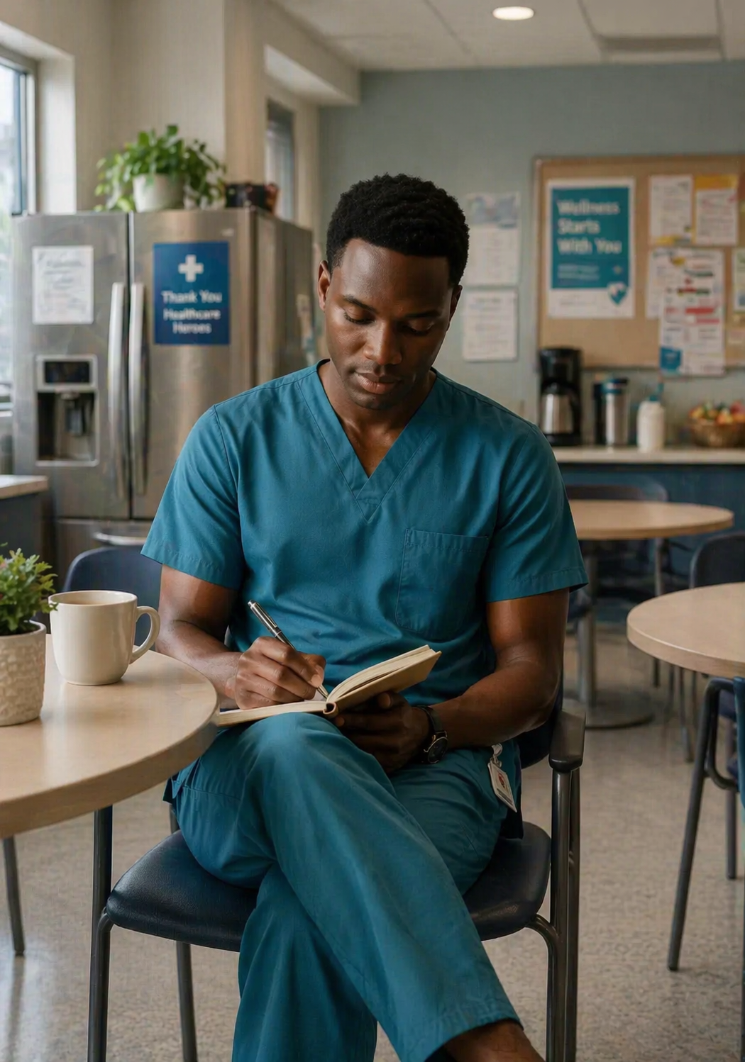 A male healthcare professional in blue scrubs is sitting at a table in a break room, writing in a notebook with a pen. There is a white mug and a small plant on the table. The background features a kitchenette area with a refrigerator, coffee maker, and bulletin board.