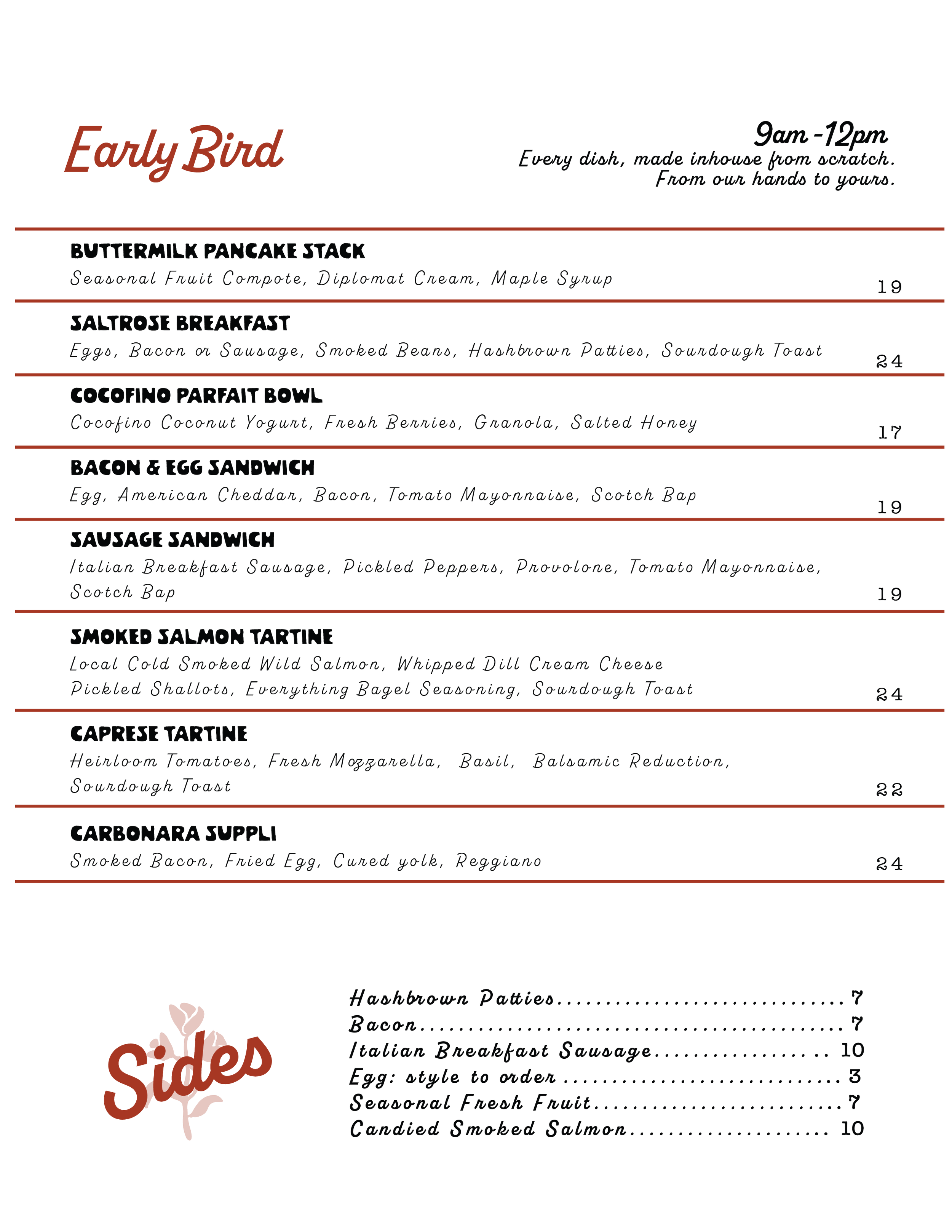 Saltrose breakfast menu everything made from scratch in house
