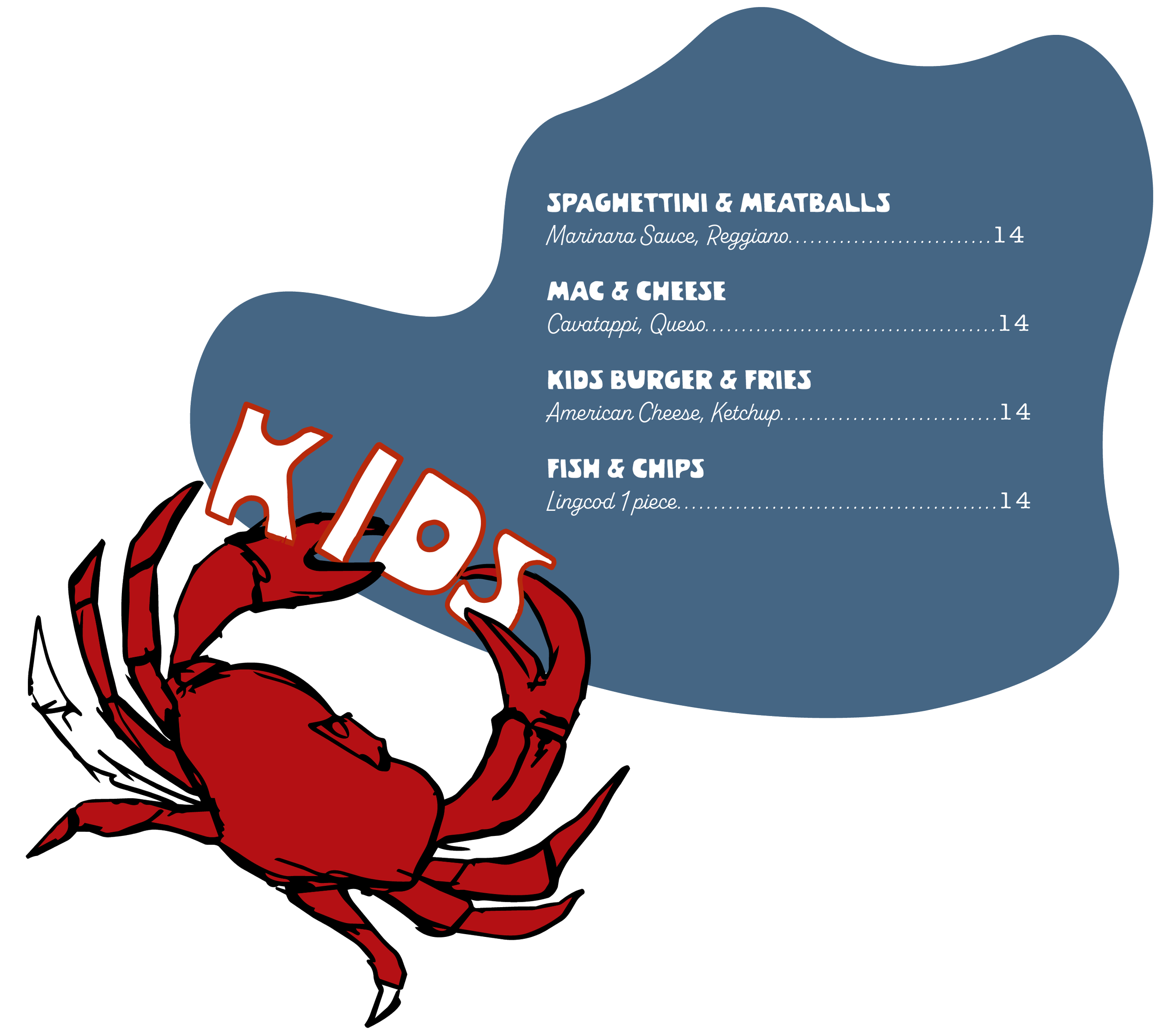 Saltrose, kids menu, fish and chips, spaghettini and meatballs, mac and cheese, kids burger