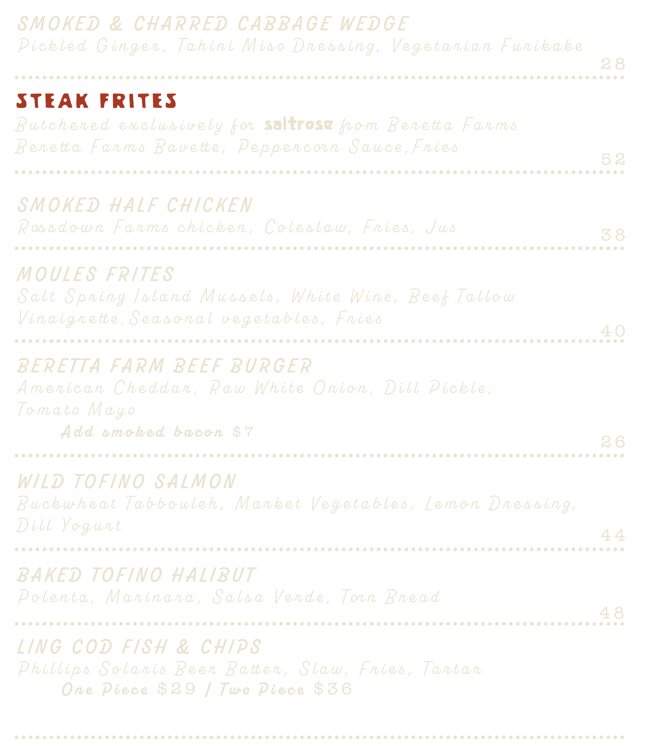 Everything made in house. In house pasta, mac and cheese, caesar salad, wedge salad, conchiglie primavera, beef cheek cacio, spaghettini & meatballs