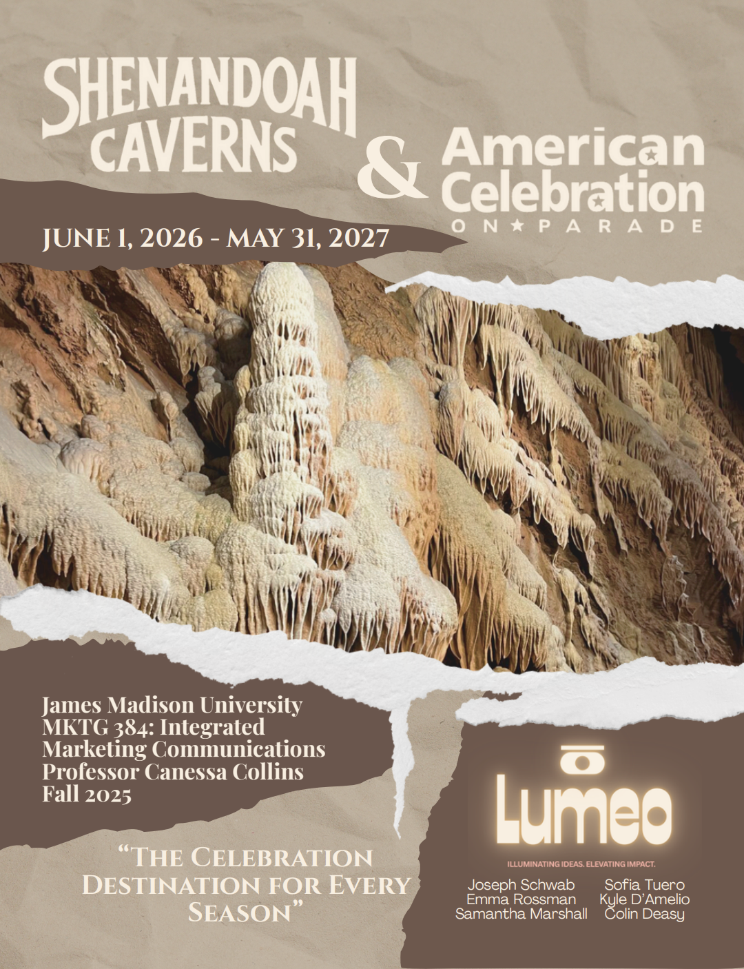 Poster for Shenandoah Caverns and American Celebration Parade running from June 1, 2026, to May 31, 2027, featuring cave formations, with sponsorship by James Madison University and Lumeo, and names of individuals involved.