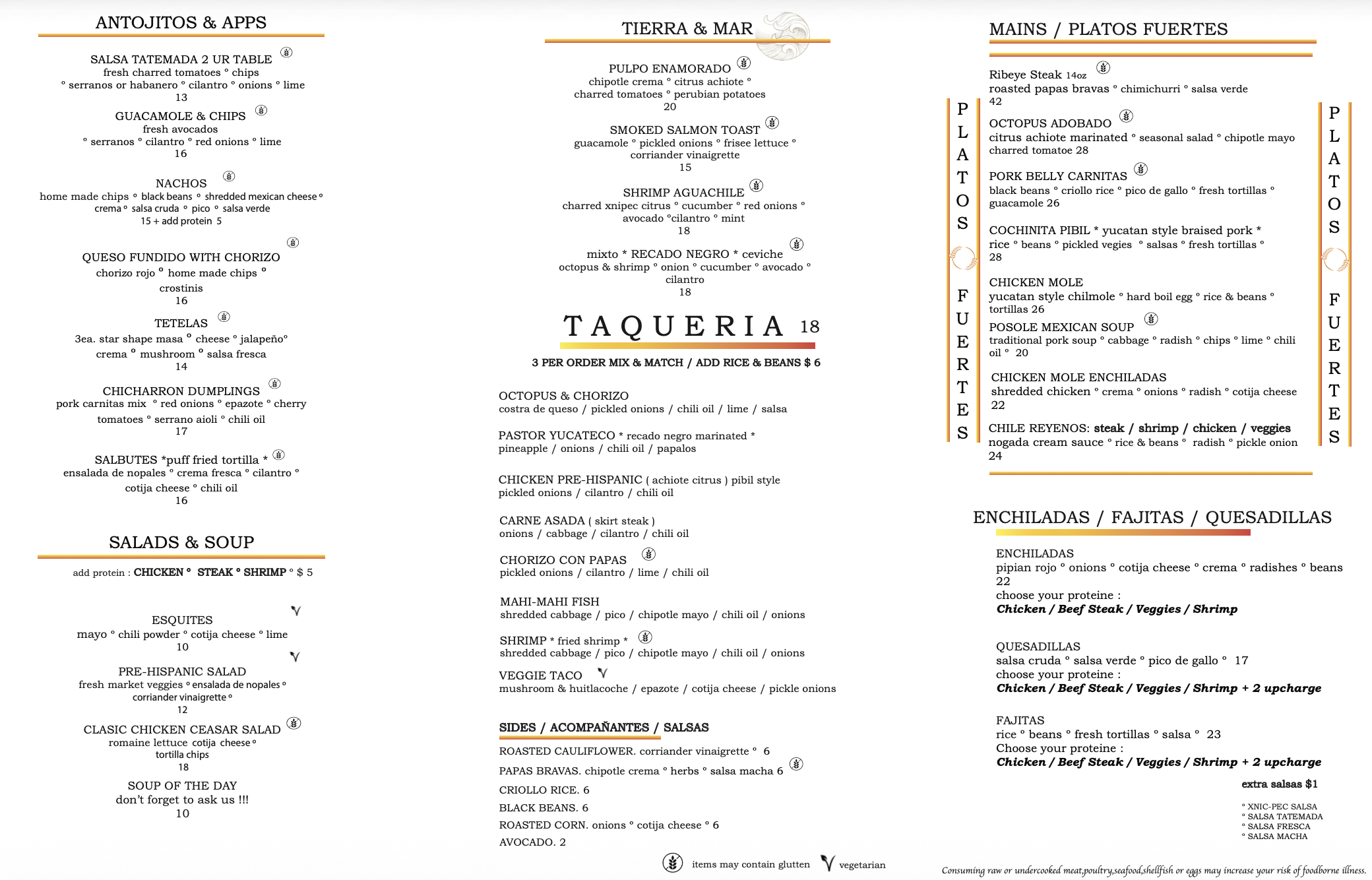 Mexican menu with sections for appetizers & apps, tierra & mar, mains & fuertes, salads & soup, and enchiladas, fajitas, quesadillas. Items include salsa, guacamole, nachos, chorizo, tacos, ceviche, salads, and various meats, seafood, and vegetarian dishes, with prices listed.