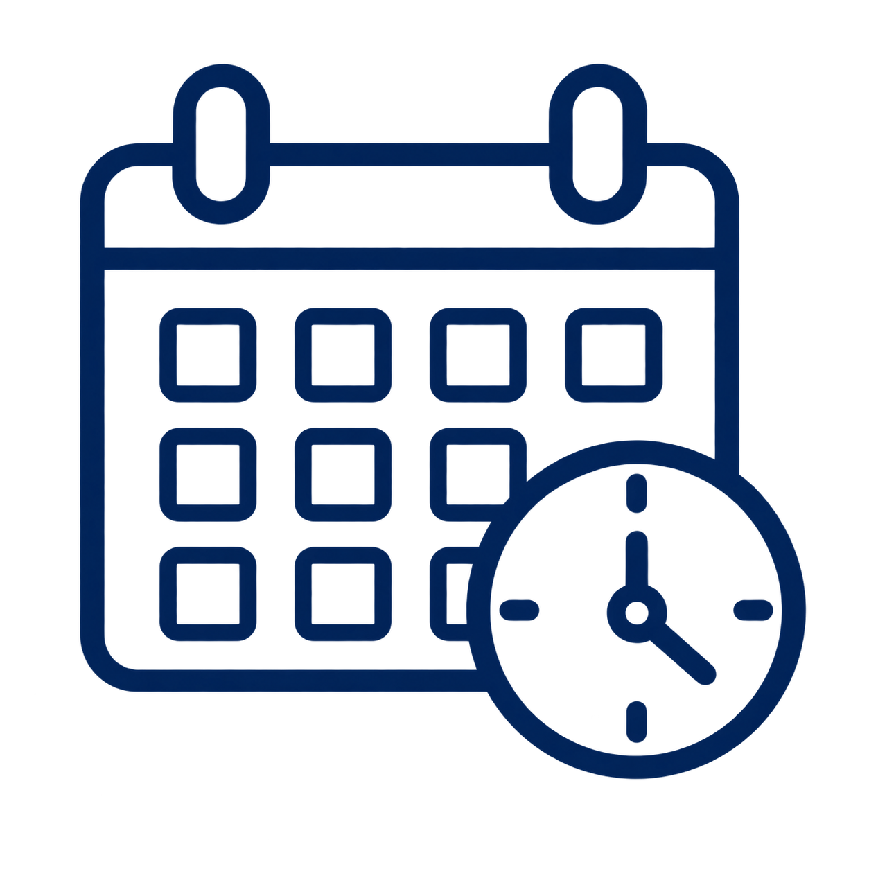 Calendar icon with a clock overlay.