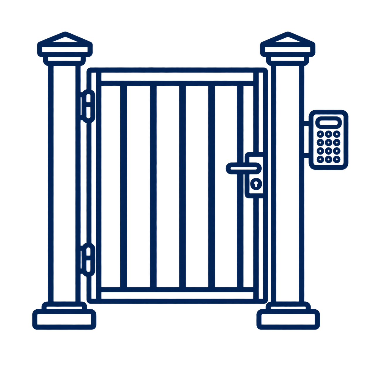 Outline of a metal security gate with a digital keypad for access control.