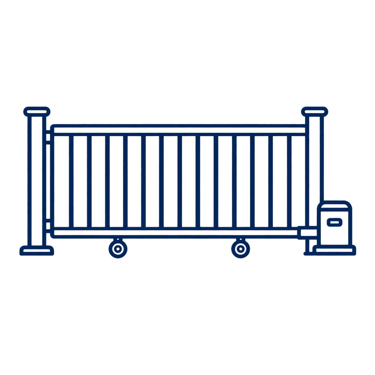 Outline of a hospital bed with side rails, wheels, and a small bedside table.