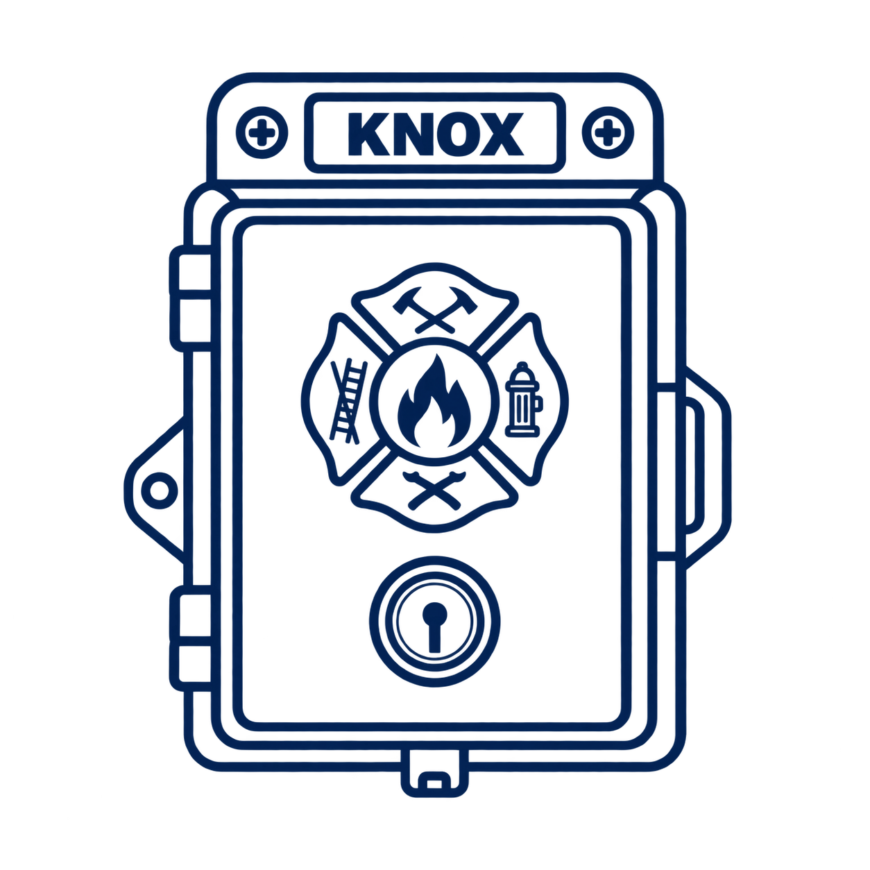 Blue outline of a safe with firefighting insignia, including a flame, axe, hose, and ladder inside, and the name 'KNOX' at the top.