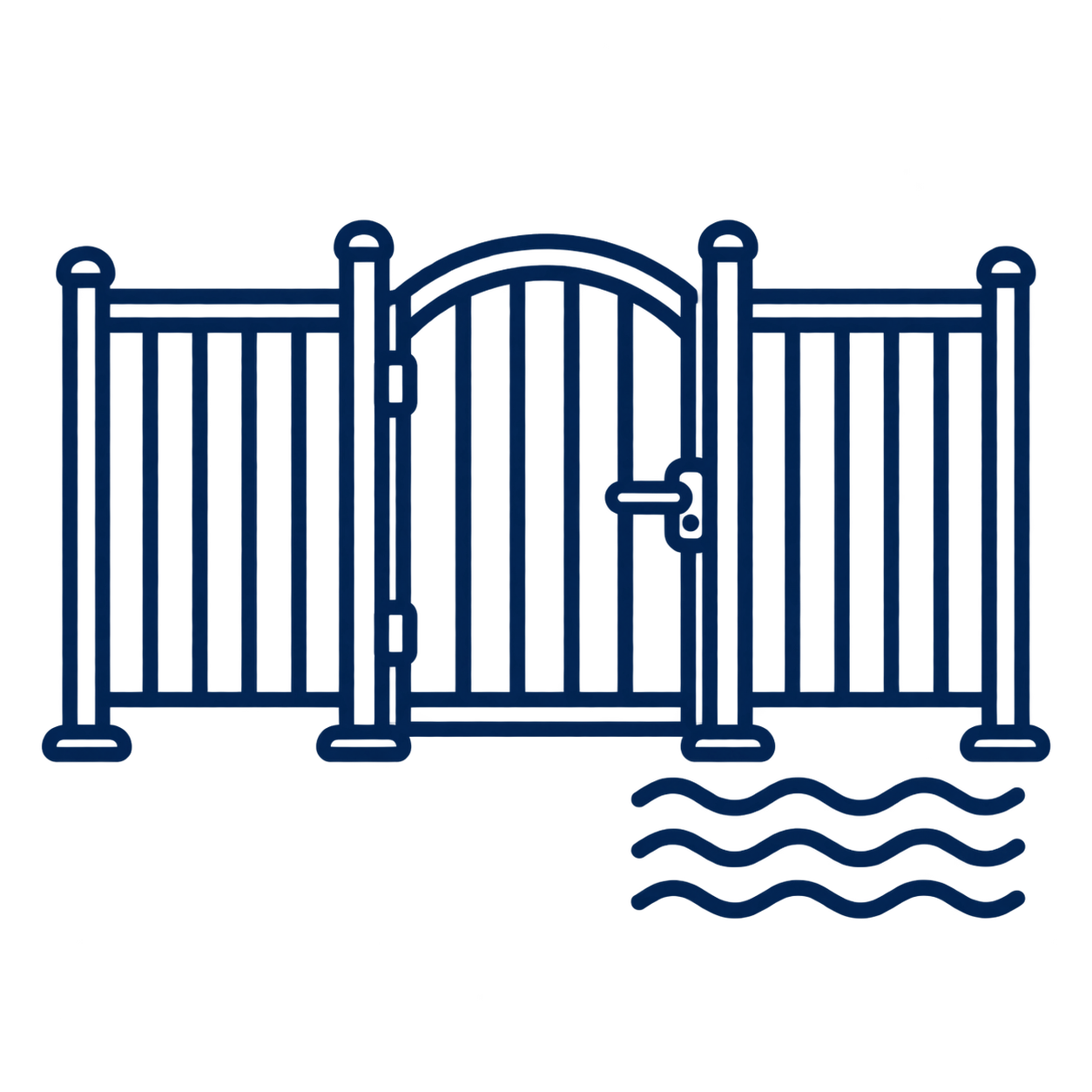 Outline of a swimming pool fence with a curved gate and water waves beneath.