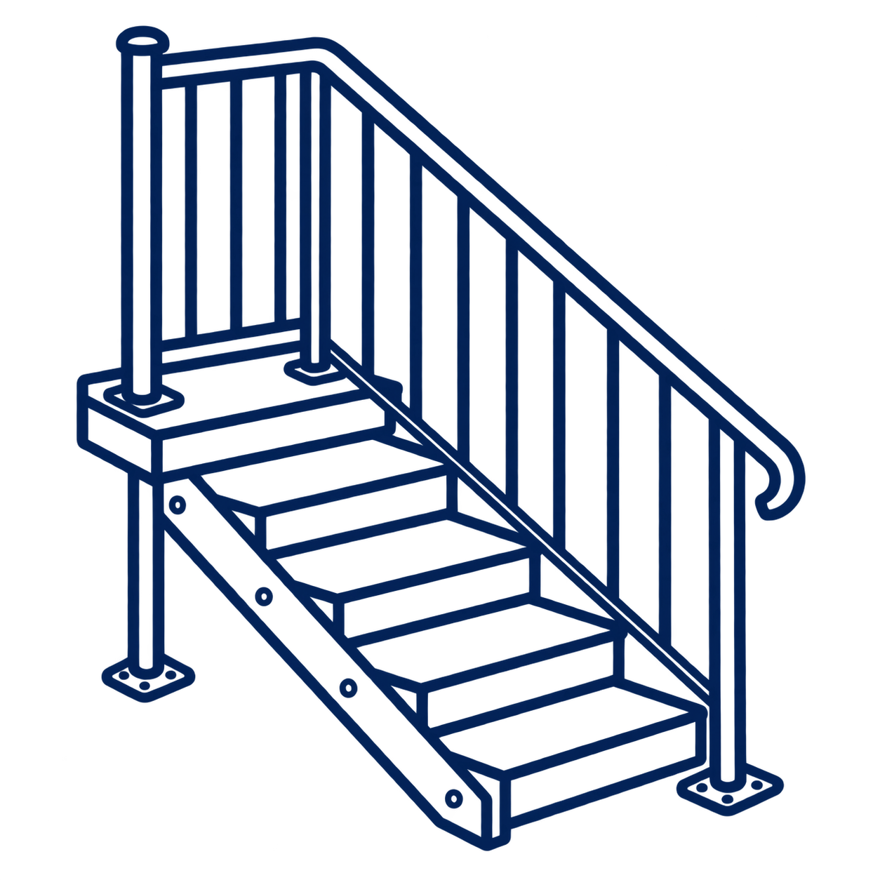 Line drawing of metal stairs with handrails and a platform.
