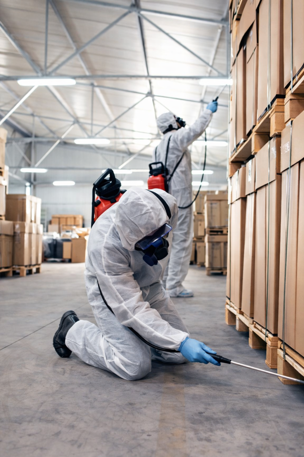 Two workers in hazmat suits spraying pesticide in a warehouse filled with stacked cardboard boxes.