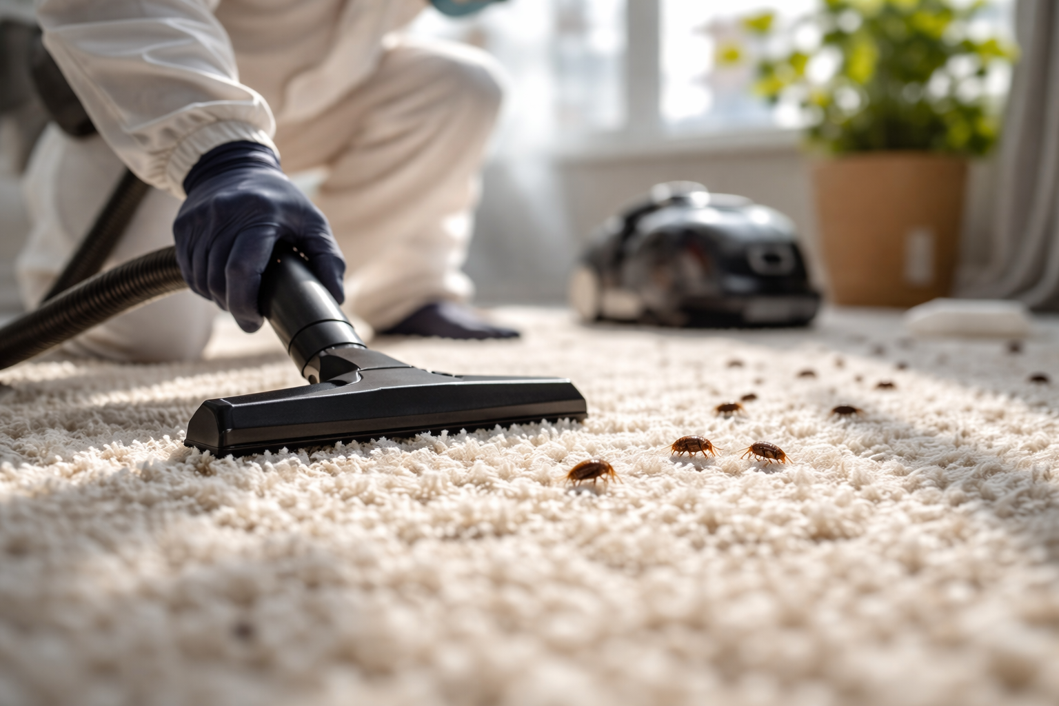 Person wearing gloves using a vacuum cleaner to remove fleas from a white carpet.