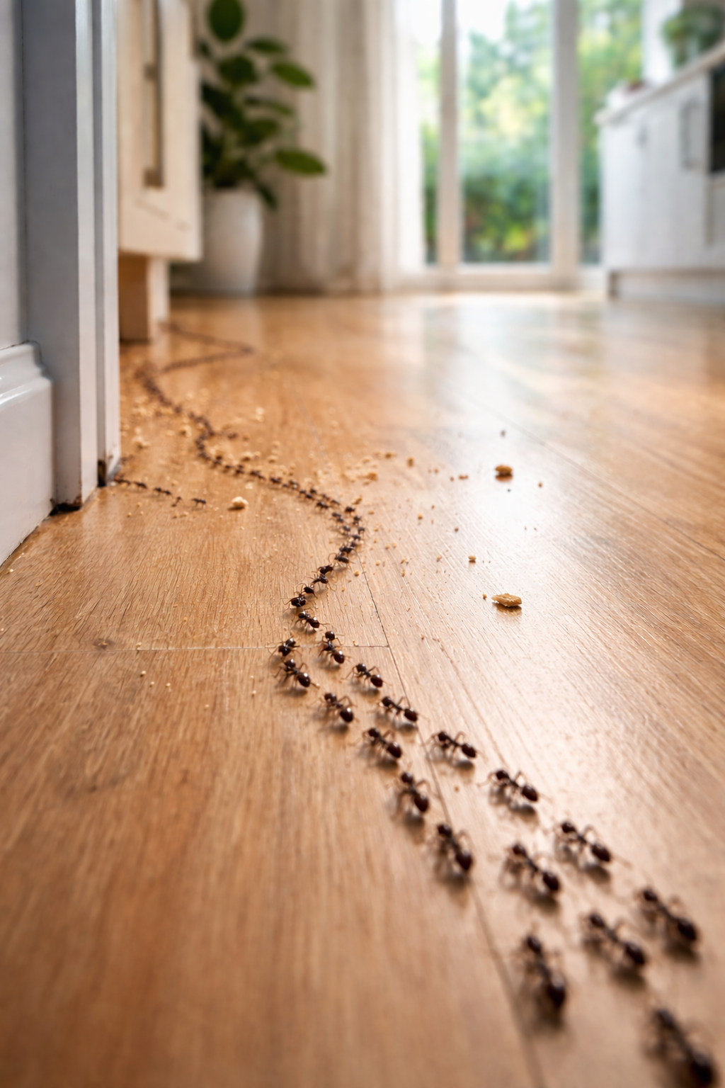 A line of ants walking on a wooden floor in a bright room with an open door and a plant in the background