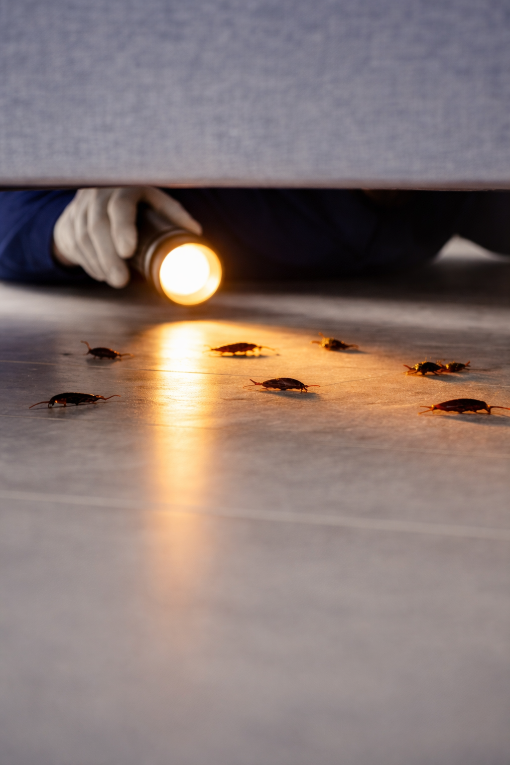 A person wearing gloves inspecting a floor with a flashlight, observing several roaches near the light source.
