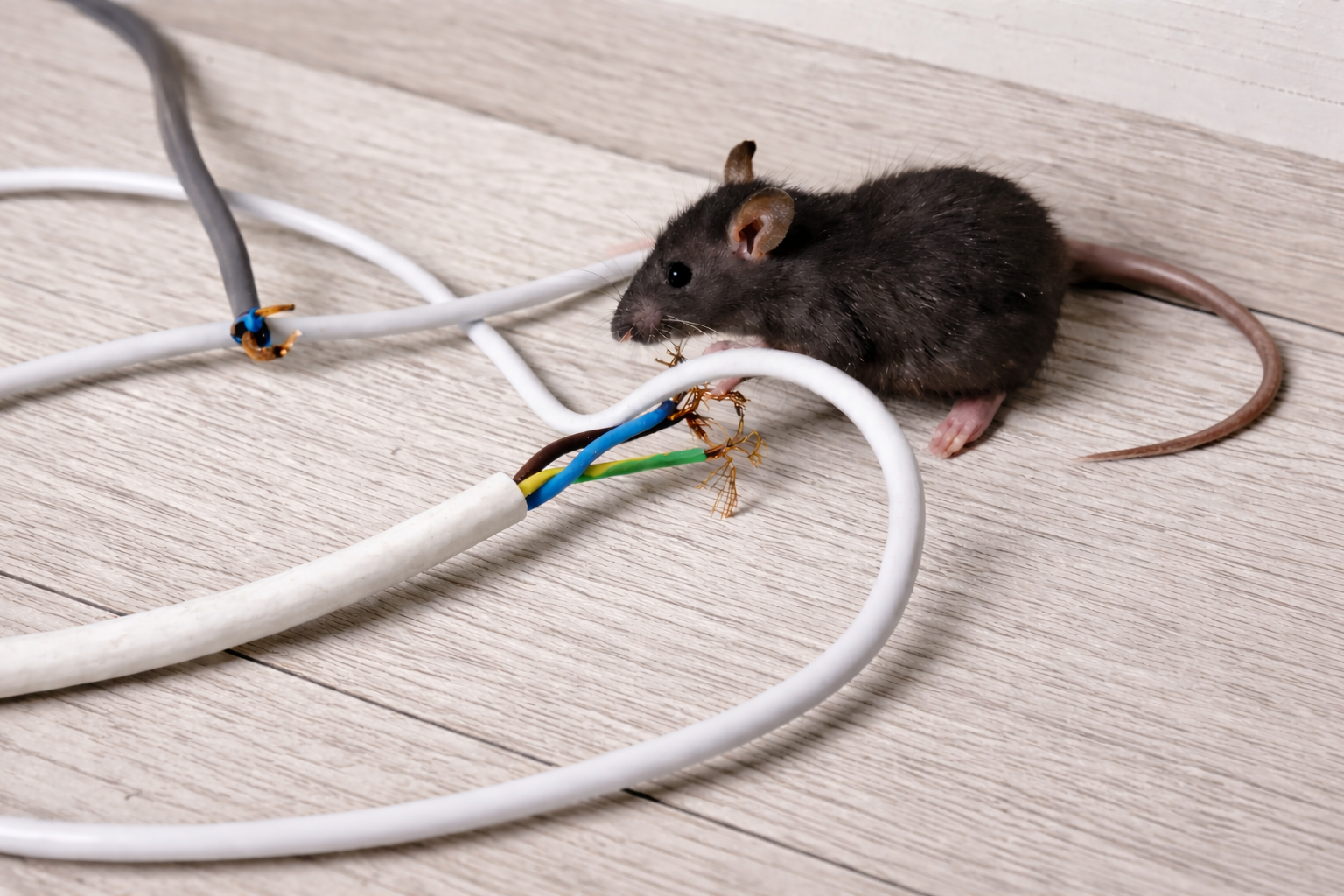 A black rat holding a small insect in its mouth, surrounded by tangled electrical wires on a wooden surface.