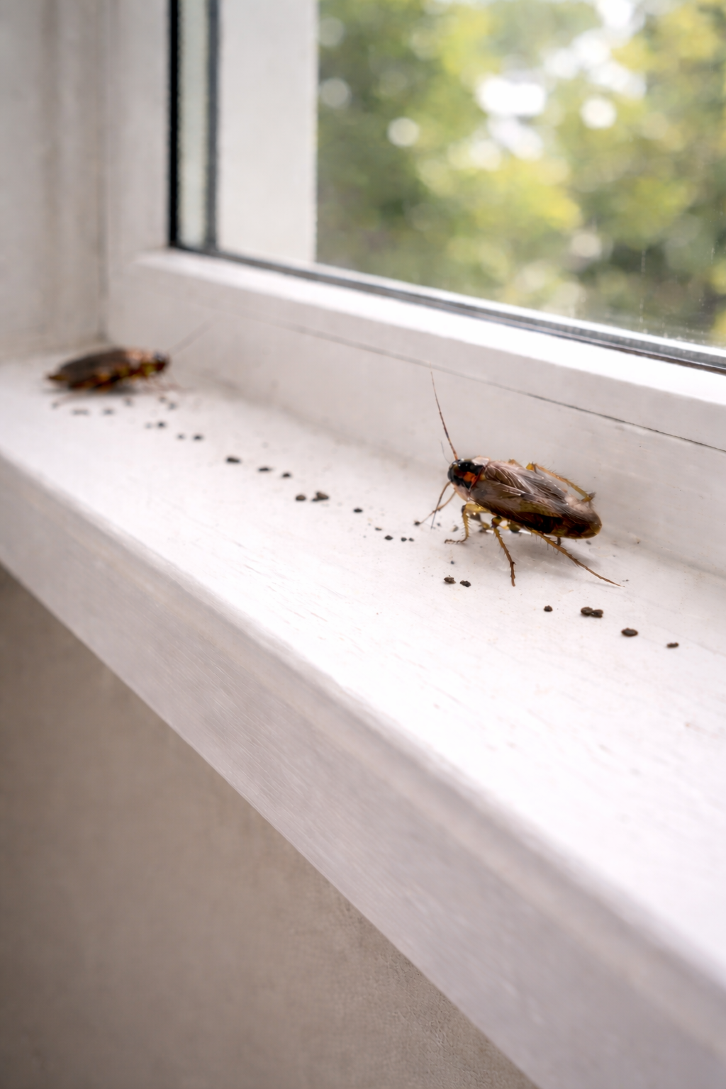 A cockroach on a white windowsill with black droppings and another cockroach in the background.
