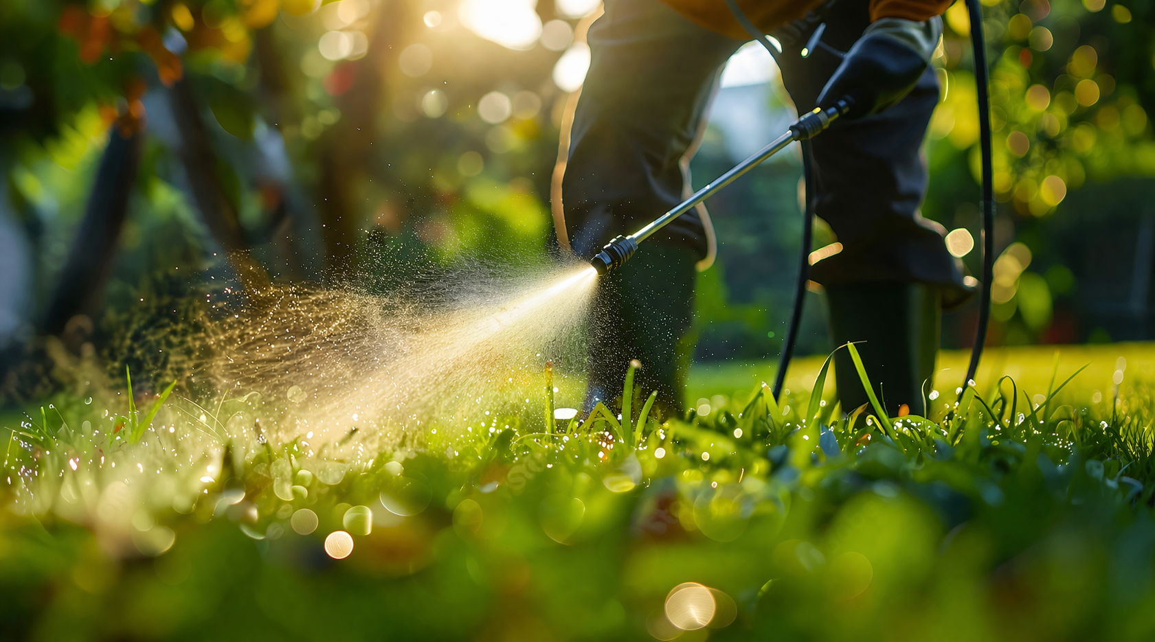 Person spraying insecticide in a garden using a spray hose during sunlight.
