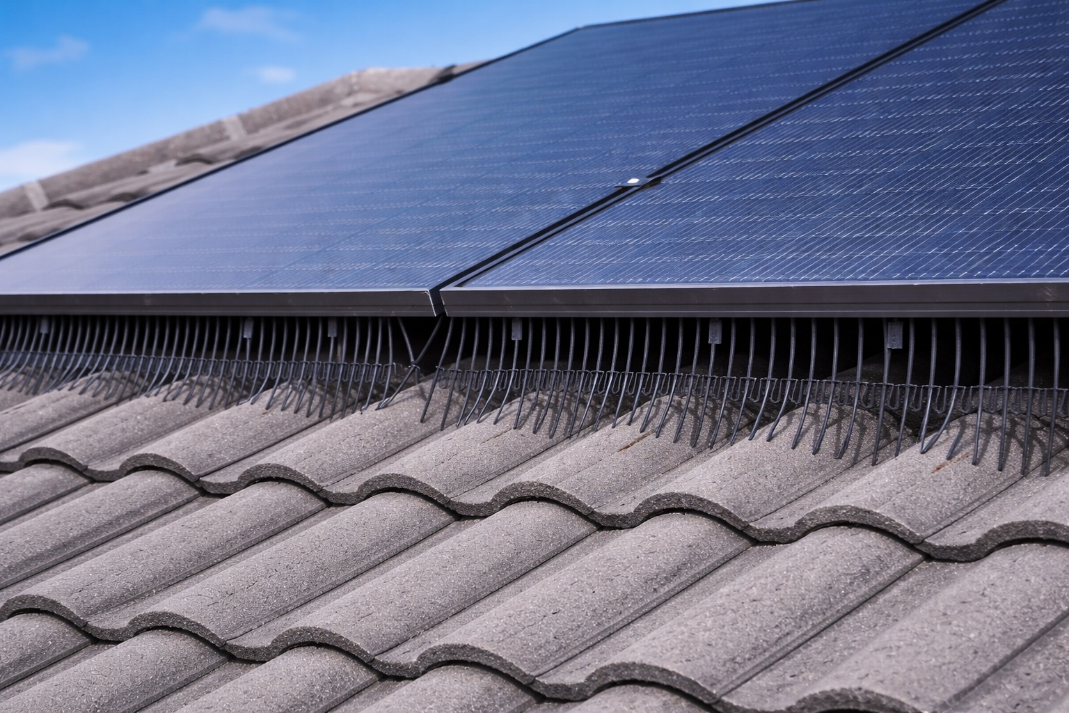 Close-up of solar panels installed on a tiled roof with birdproofing.