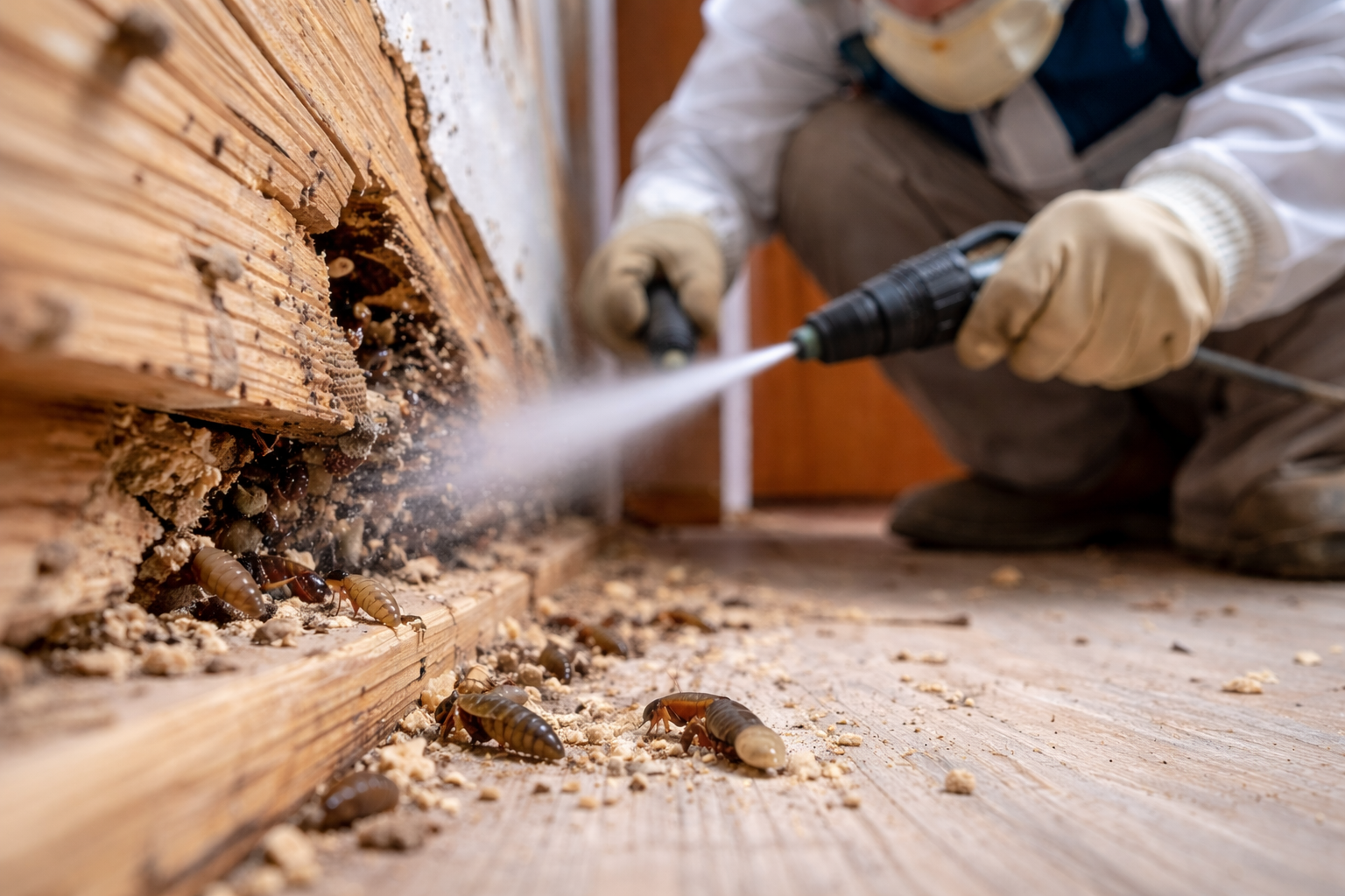 A person kneeling on a wooden floor using a spray tool to treat termites in a wooden wall with visible termite damage.