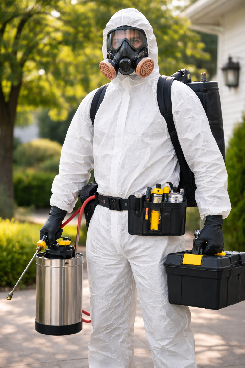A person wearing protective white suit, gas mask with filters, and gloves, holding a pest sprayer and toolbox, standing outdoors on a sunny day surrounded by green trees.