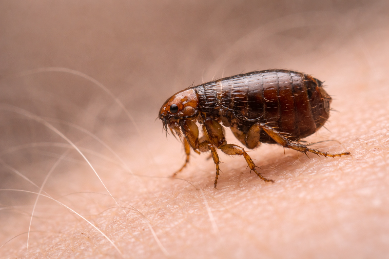 Close-up of a flea crawling on human skin.