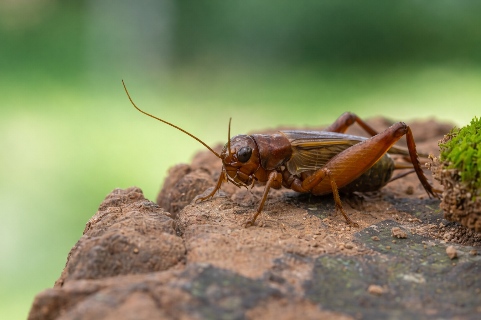 Close-up of a brown cricket on a textured tree bark surface with green blurred background.