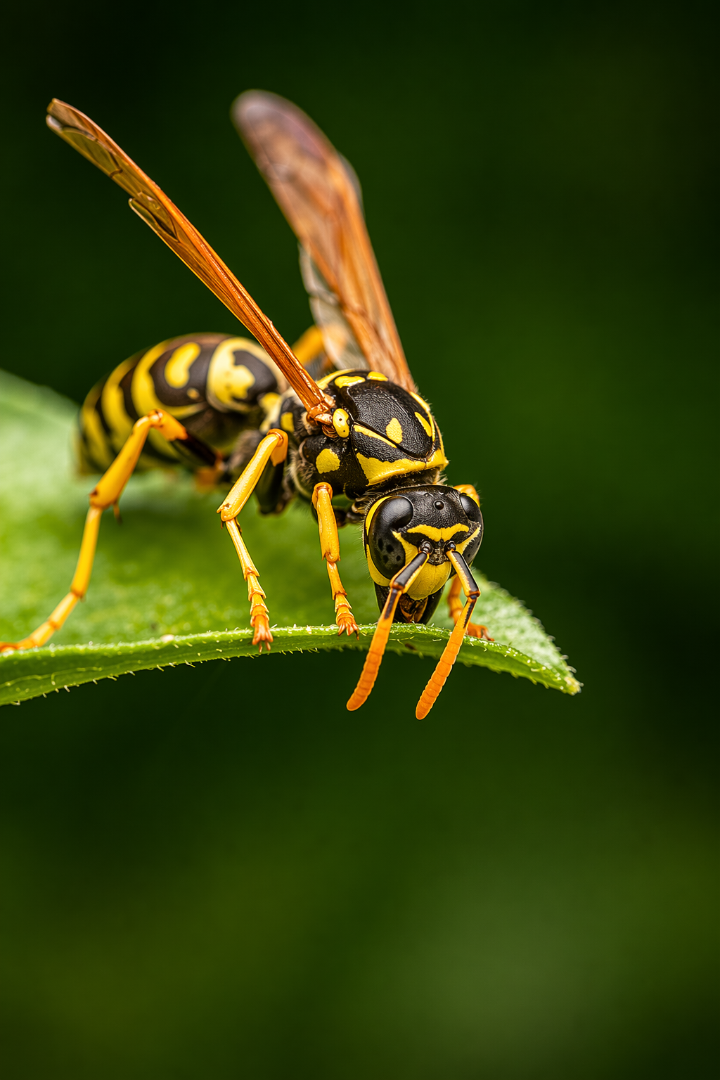 A close-up of a wasp with yellow and black markings, perched on the edge of a green leaf.
