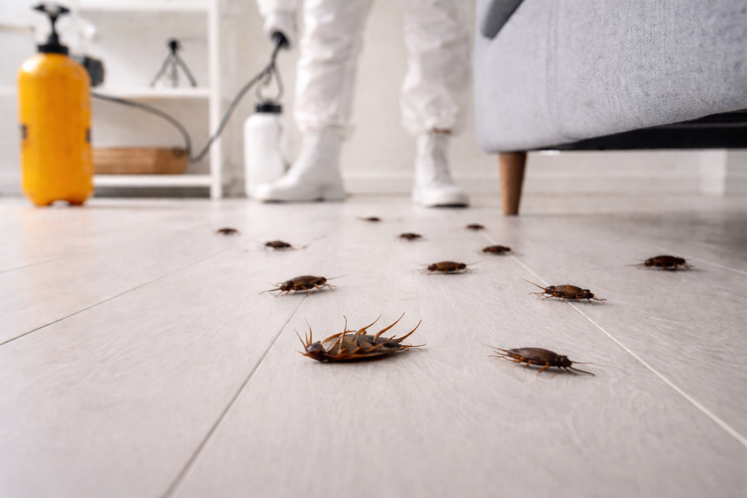 Several cockroaches on a light-colored wooden floor in a room, with a person in white clothing and white shoes standing nearby.