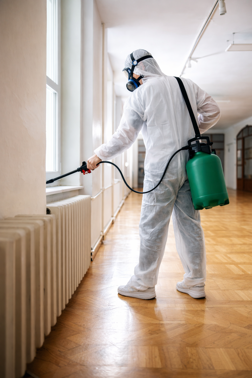 Person in protective suit spraying pesticide along a window radiator in an indoor hallway.