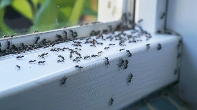 Multiple ants crawling on a white window sill near the glass.