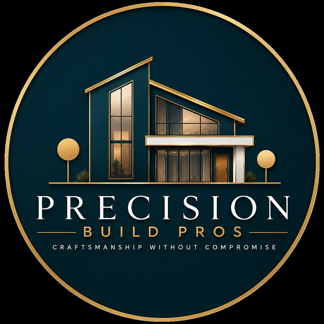Logo for 'Precision Build Pros', featuring a modern house with large windows and gold accents, along with the motto 'Craftsmanship Without Compromise'.