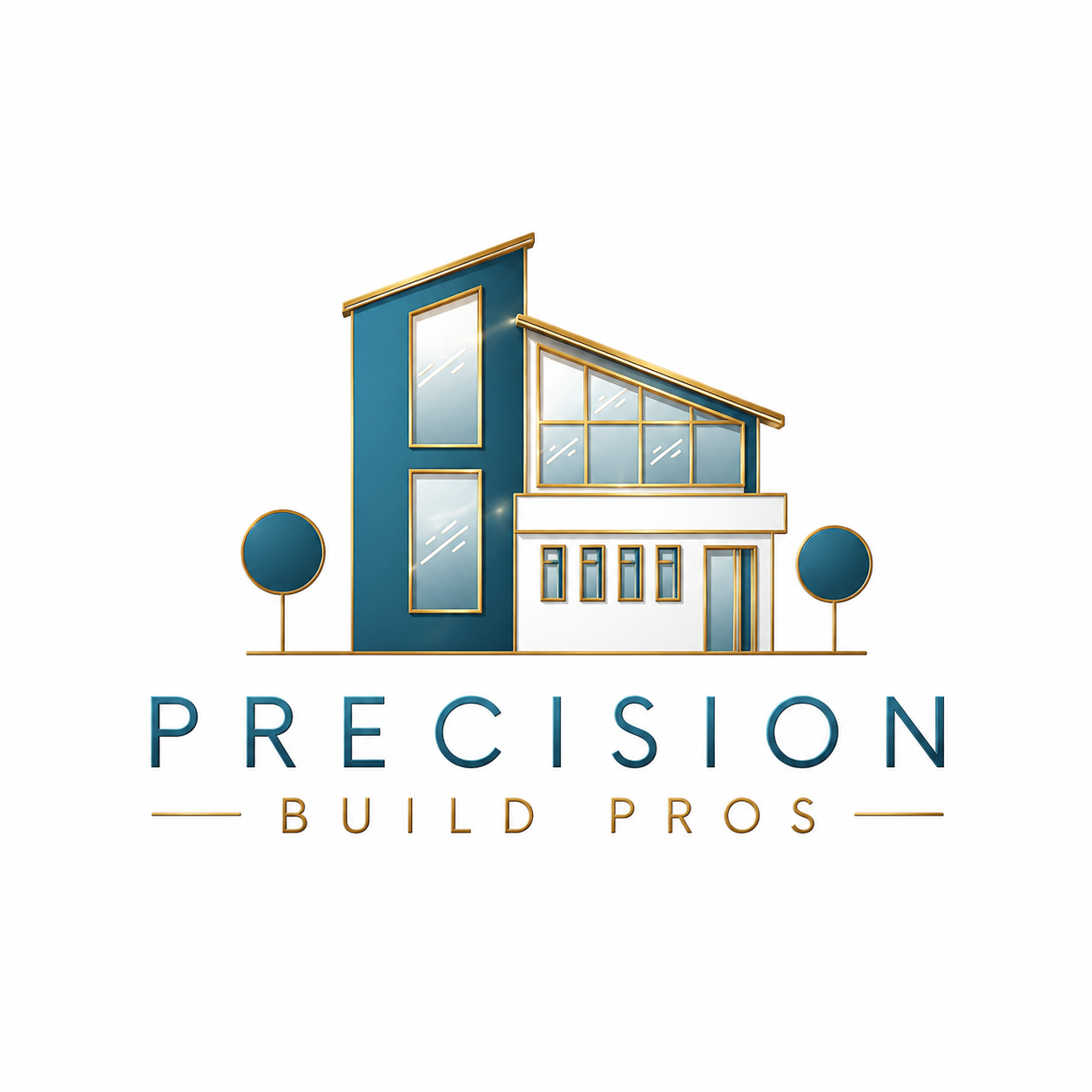 Modern house illustration with blue and white color scheme, large windows, and trees on both sides, with the text 'PRECISION BUILD PROS' below.