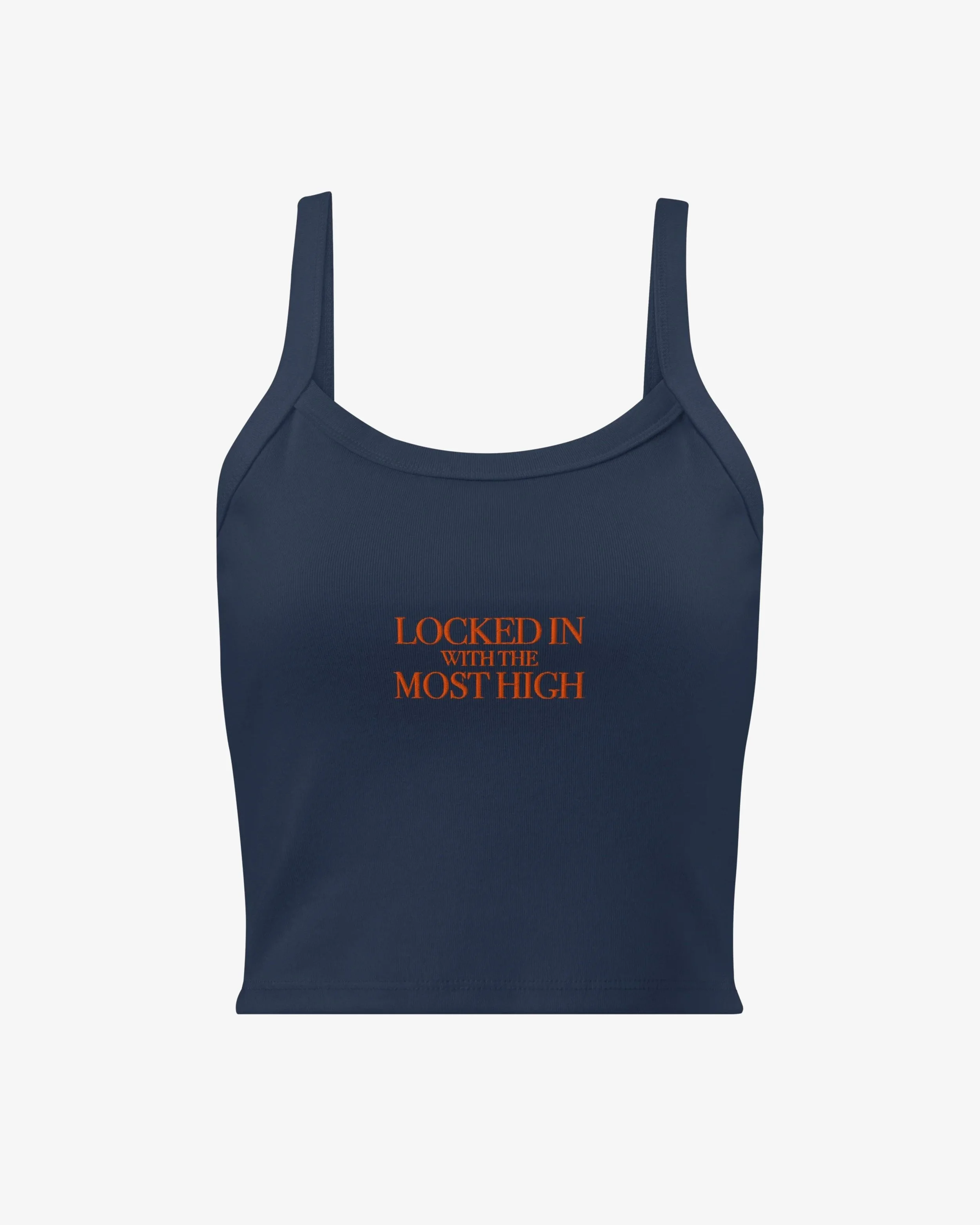 Fruit & Form Same Time Tomorrow navy tank top with orange script.