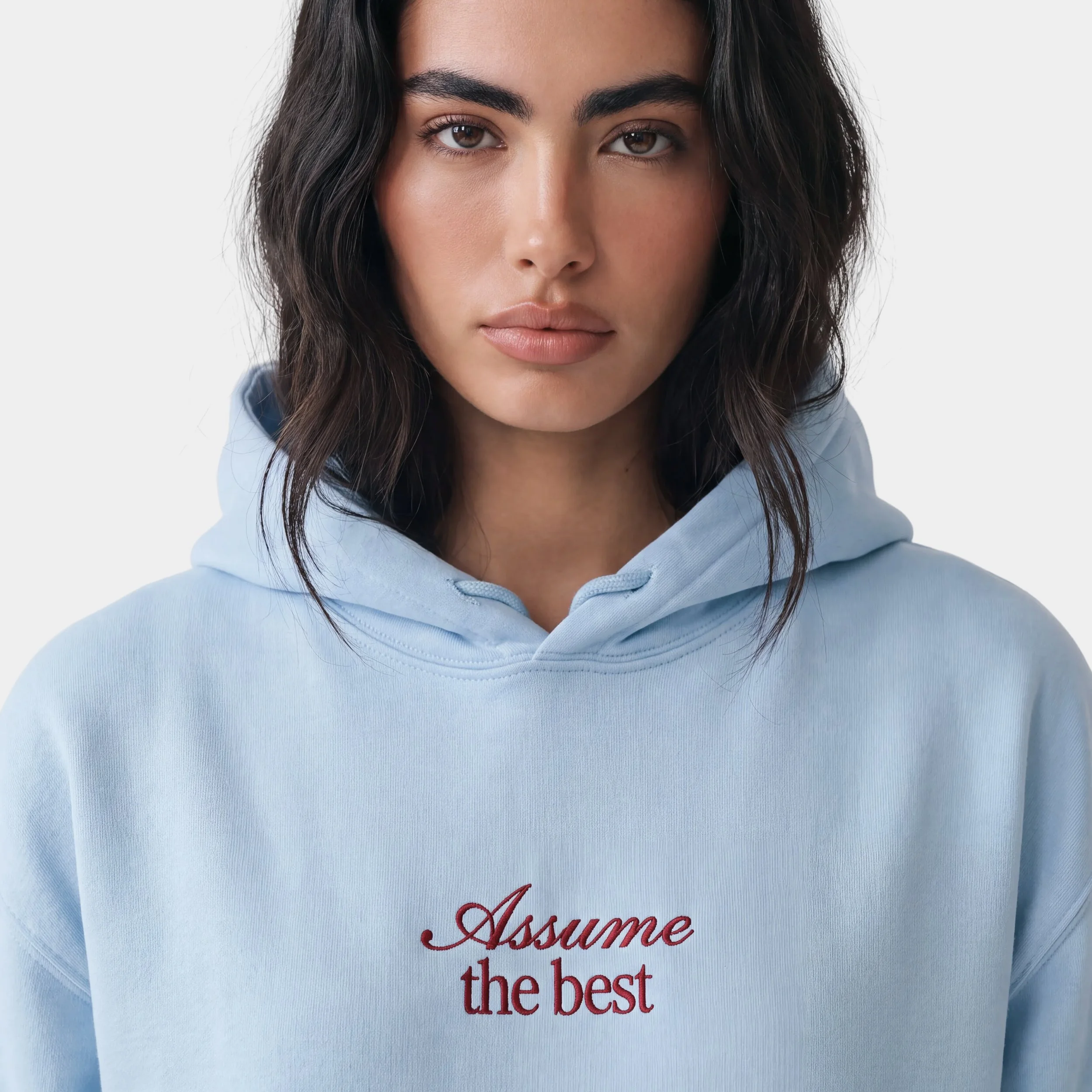 Model wearing the Fruit & Form Assume the Best light blue hoodie with red embroidery.
