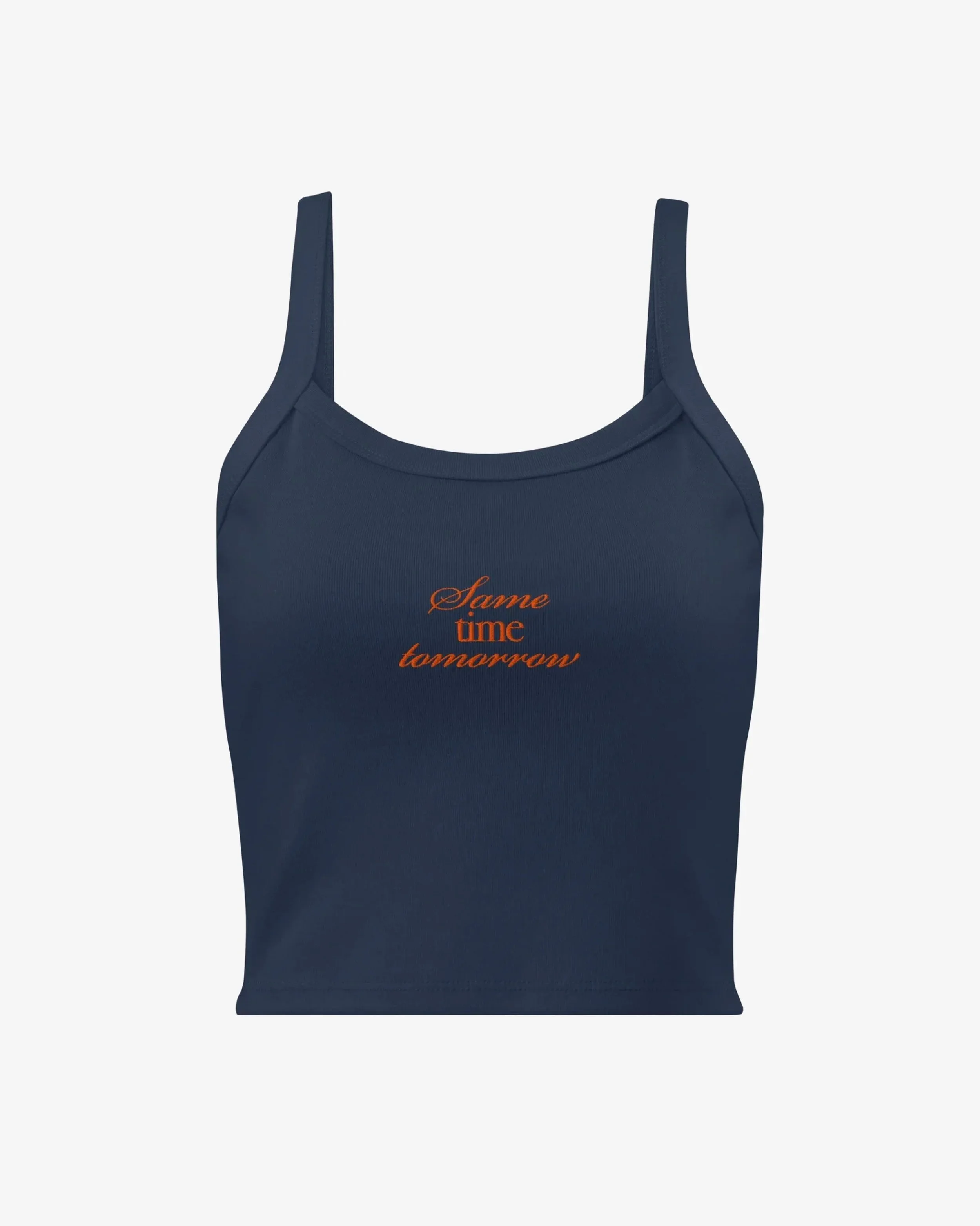 Fruit & Form Same Time Tomorrow navy tank top with orange script.