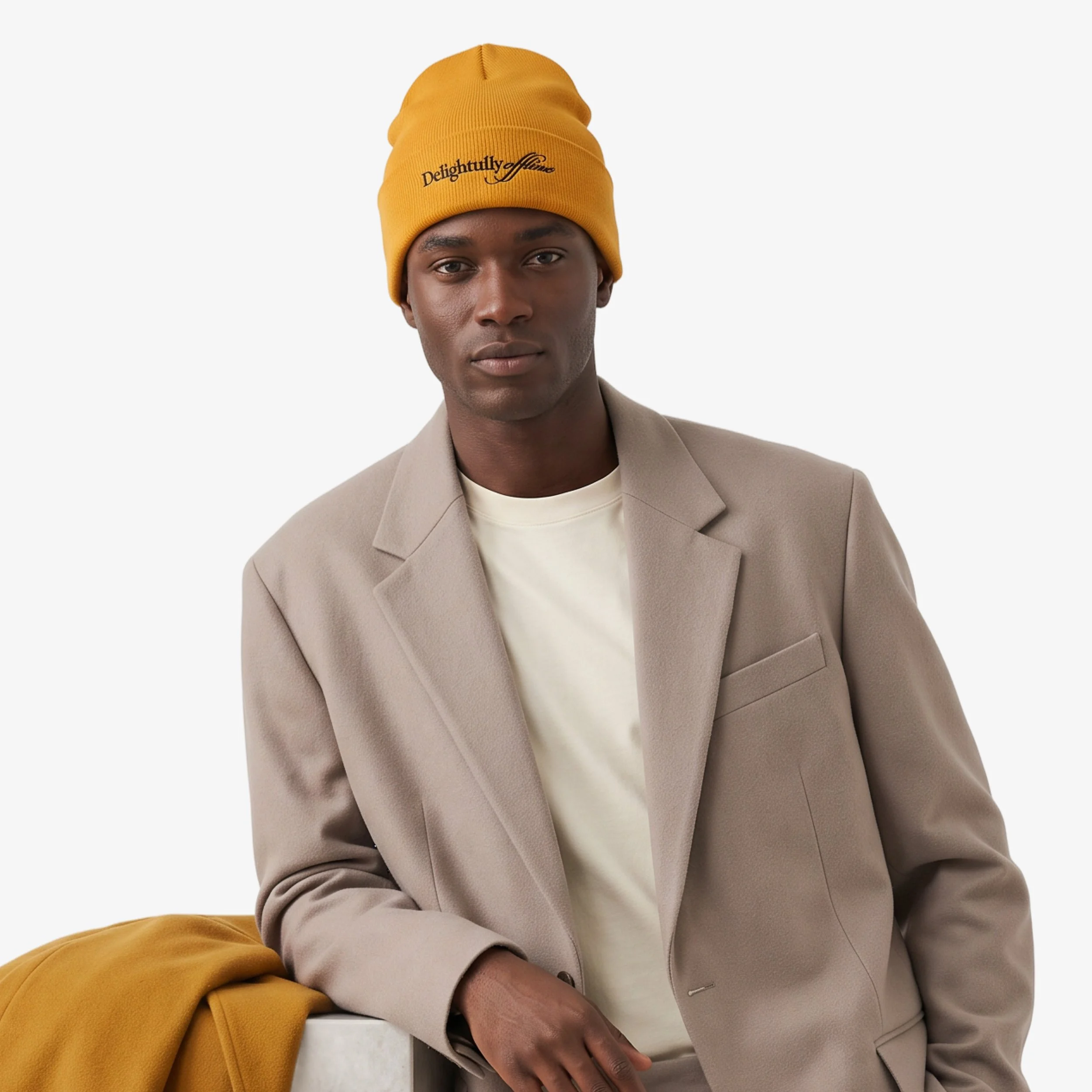 Model wearing the Fruit & Form Delightfully Offline yellow beanie.