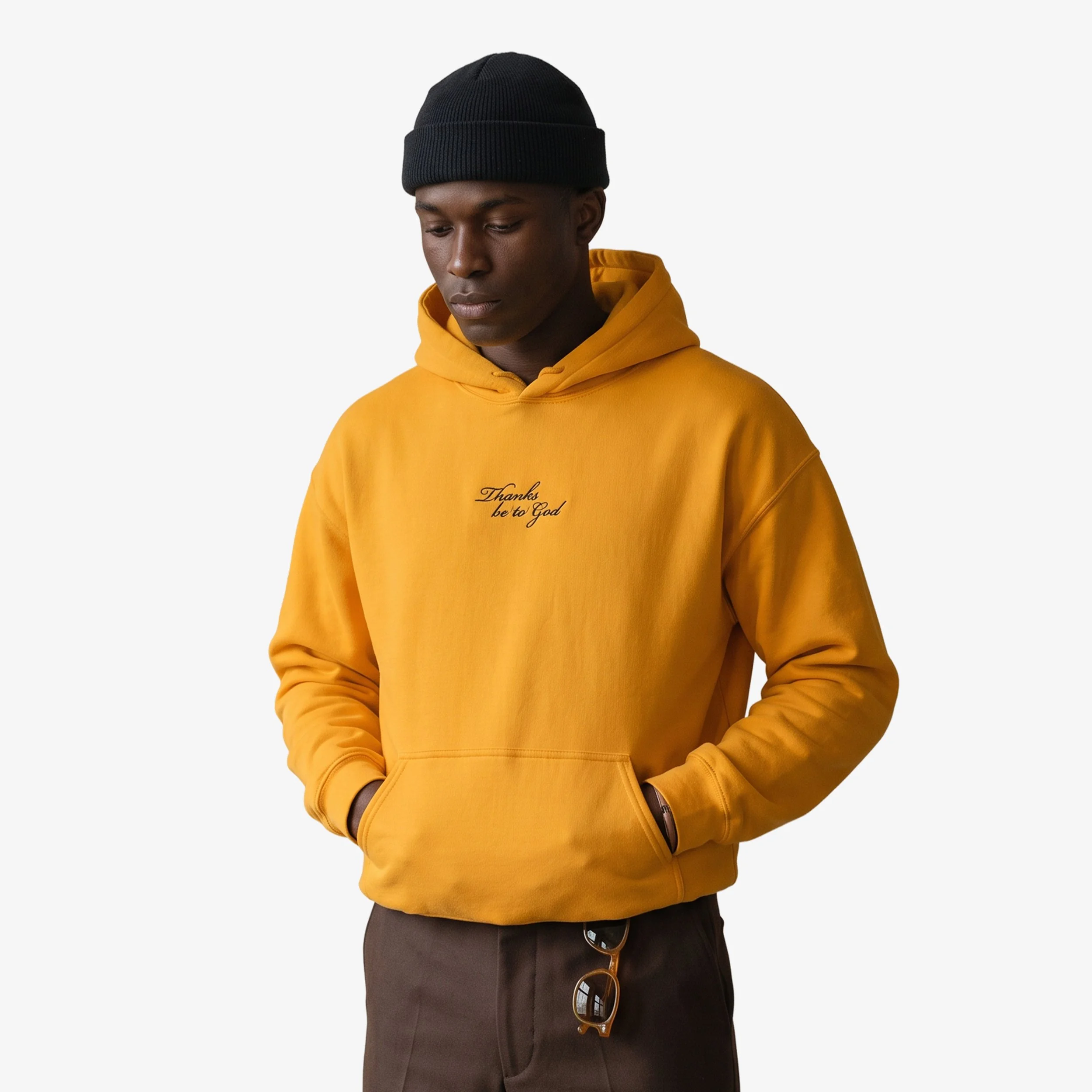 Model wearing the Fruit & Form Delightfully Offline yellow beanie.