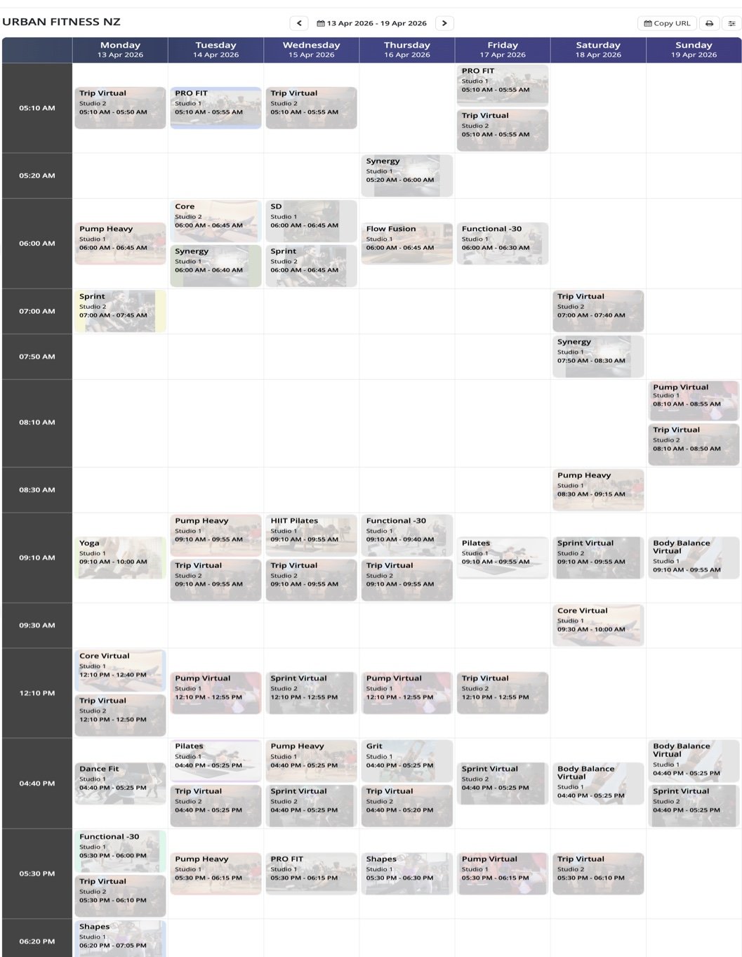 Weekly fitness class schedule for Urban Fitness NZ from April 13 to April 19, 2026, including various classes like virtual workouts, strength training, cardio, Pilates, yoga, and body balance in different studio rooms and times.