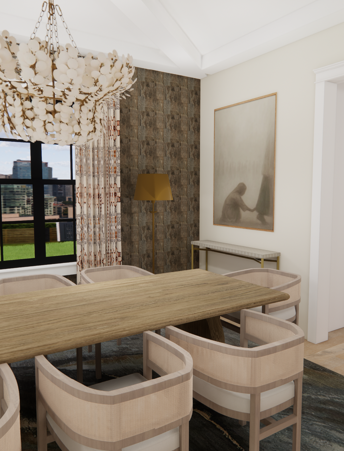 Modern dining room featuring a wooden dining table surrounded by eight beige chairs, a large window with patterned curtains, a chandelier, a gold floor lamp, a stone accent wall, and a large painting of a person and a piano.