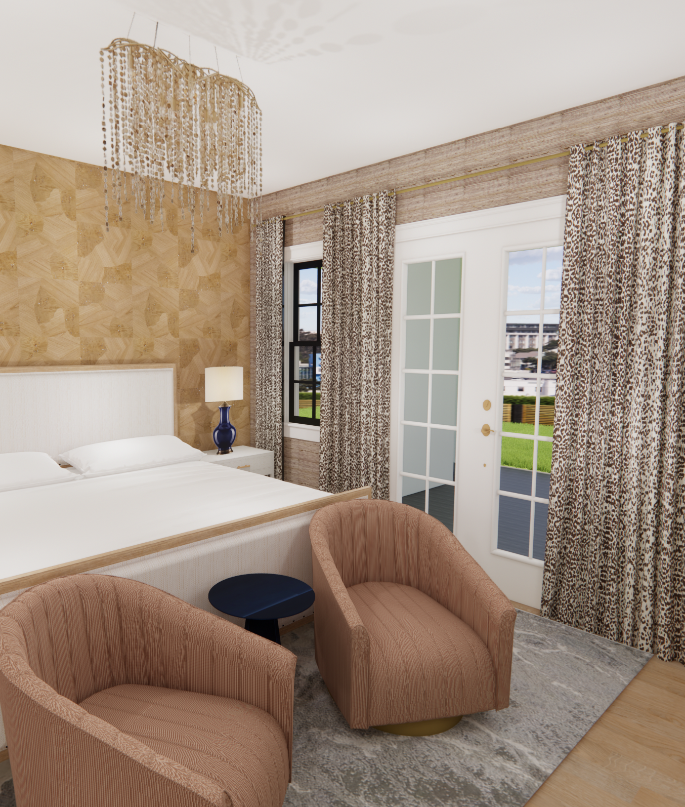 A bedroom with a white bed, blue lamp on a white nightstand, patterned curtains, and a glass door leading outside, with a view of green grass and a building.