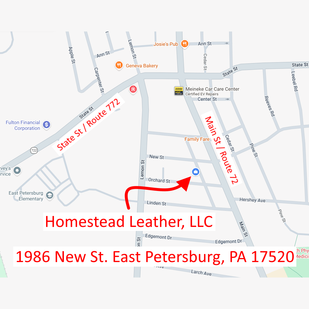 Map showing the location of Homestead Leather, LLC at 1986 New St., East Petersburg, PA 17520, near Main St and Route 772, with nearby businesses and streets.