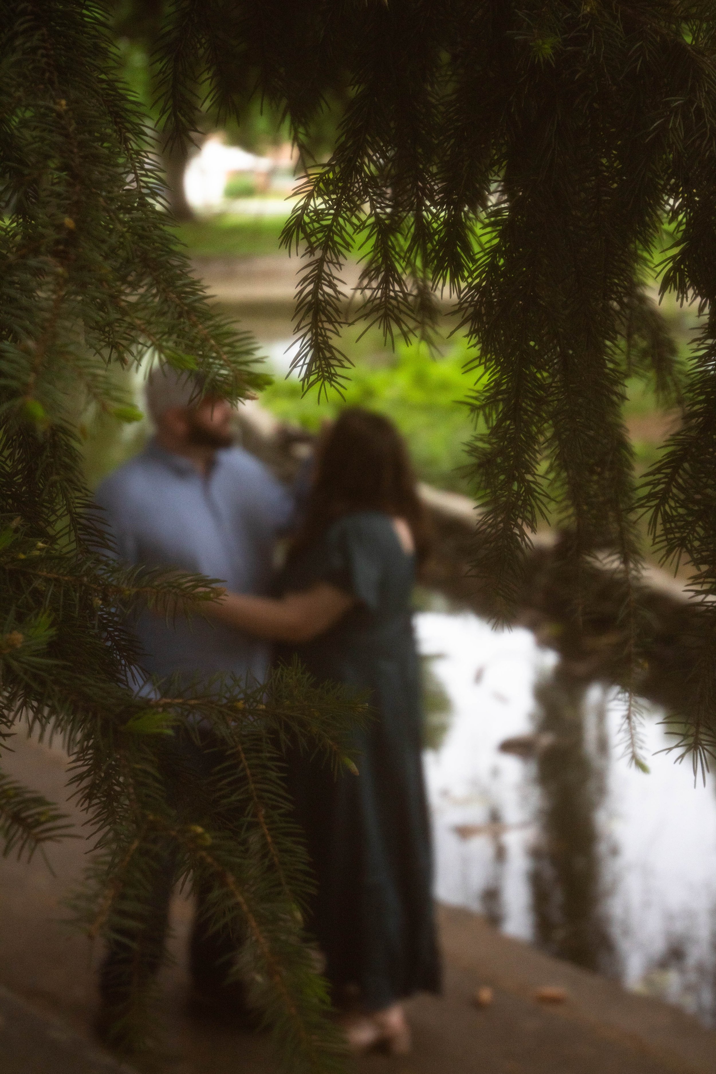 A blurred couple standing near a water body, framed by tree branches in the foreground.