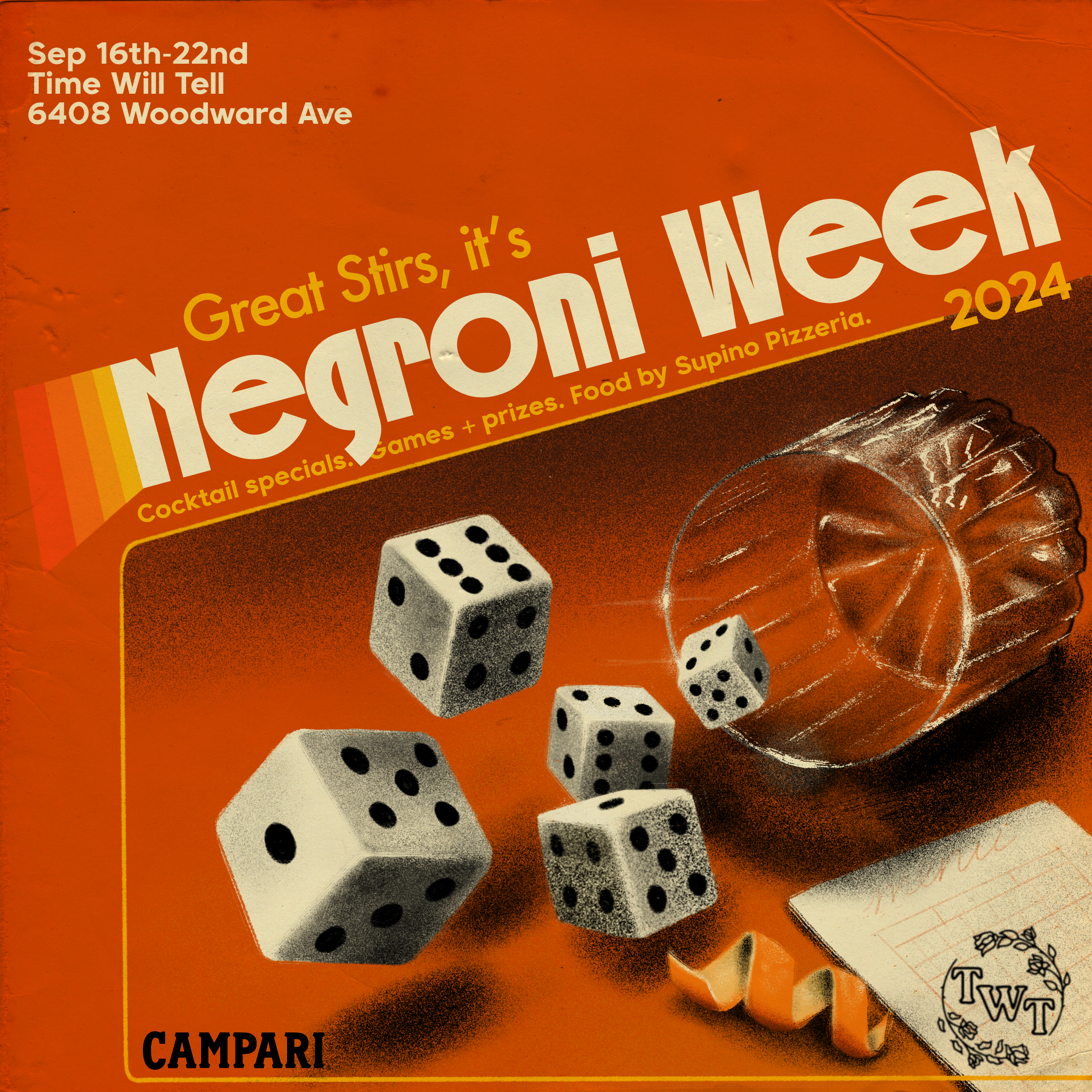 A promotional poster for a week-long event called 'Negoni Week 2024' taking place from September 16th to 22nd at 6408 Woodward Ave. It features floating dice, a glass with a lemon wedge, a notepad with a sticker that says 'TWT', and the event details