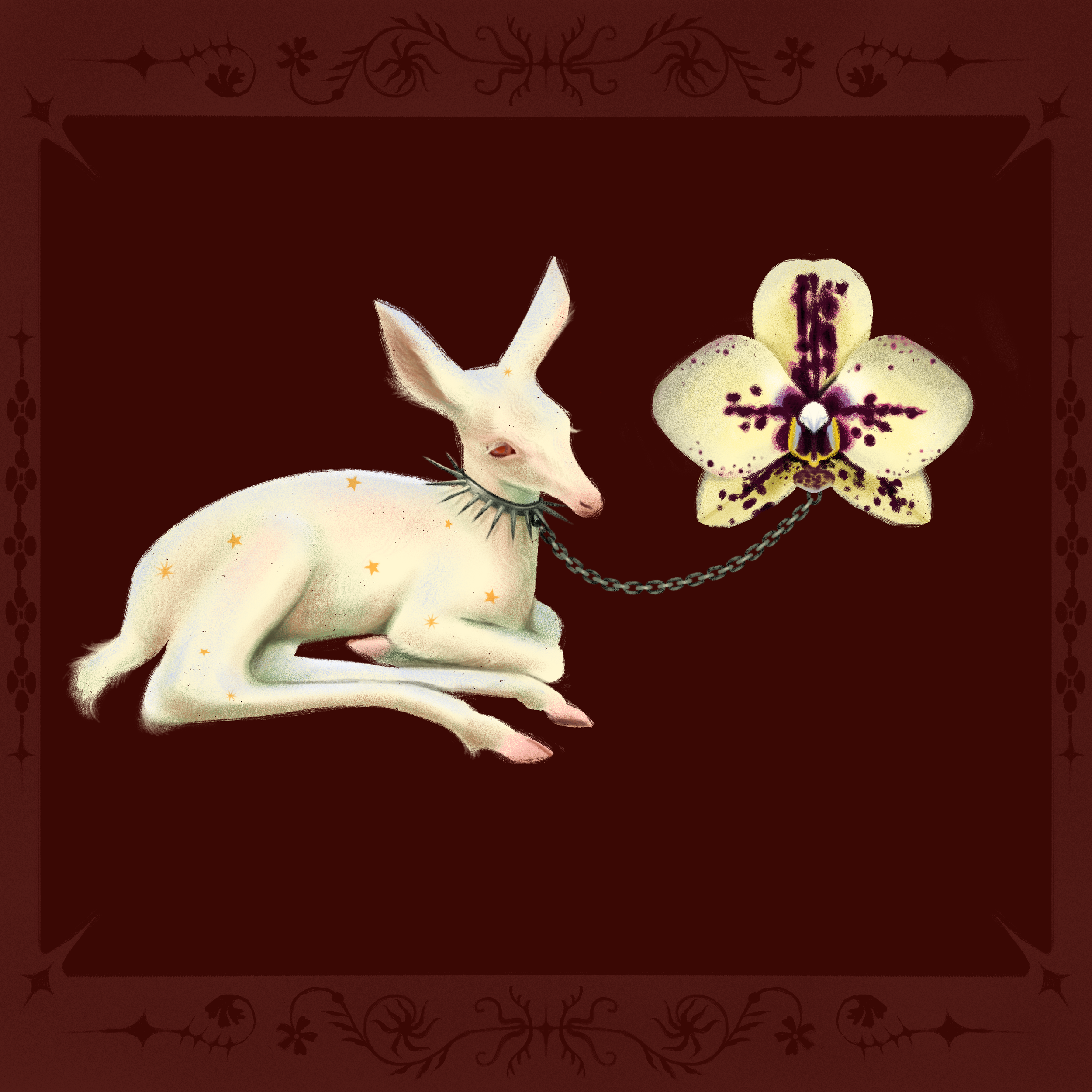 Illustration of an albino deer with star-shaped markings, a spiked collar, and a chain connected to an orchid, set against a dark red background with decorative borders.