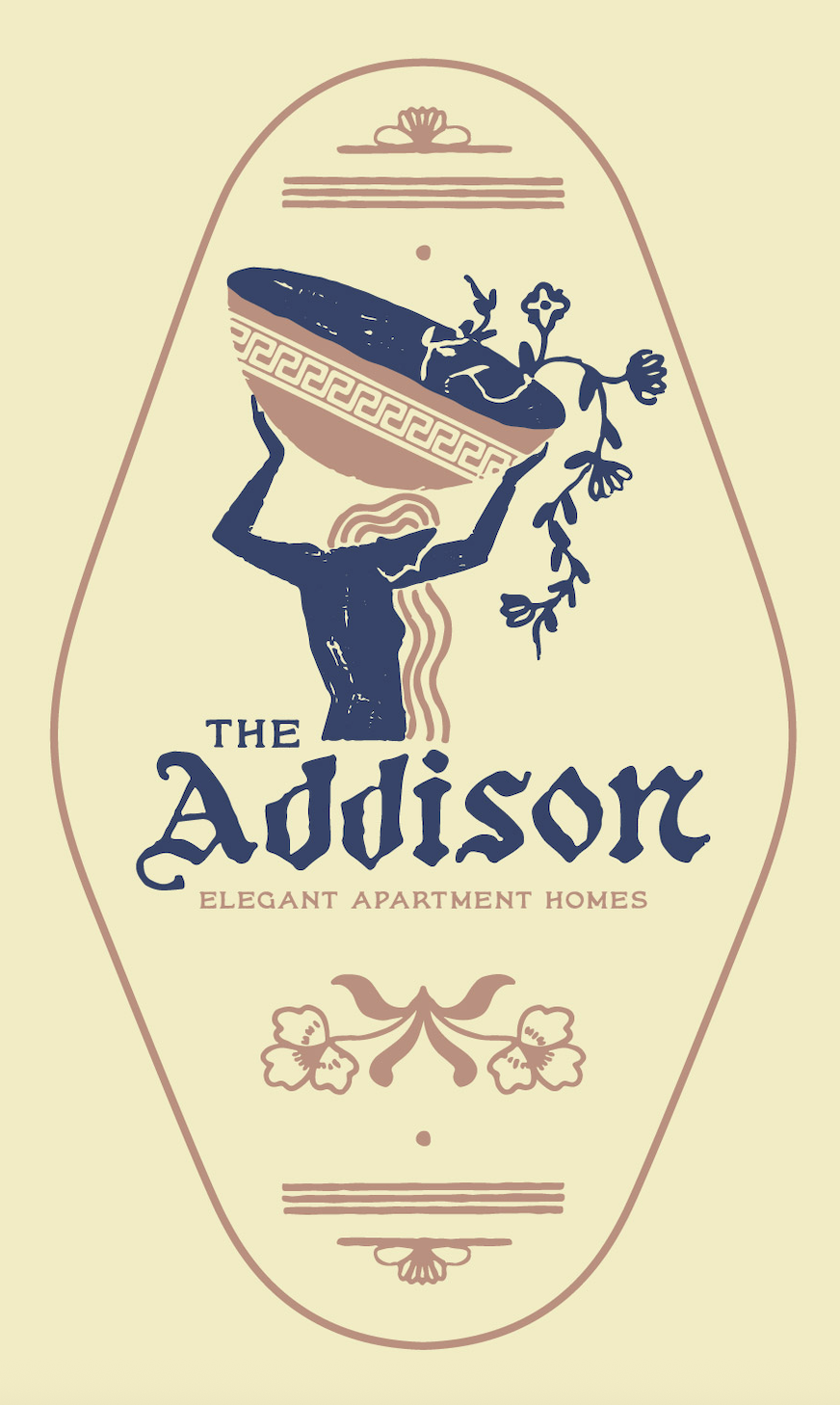 Vintage-style logo with a silhouette of a person carrying a large bowl on their head, plants growing from the bowl, and the text 'The Addison' with the subtitle 'Elegant Apartment Homes.'