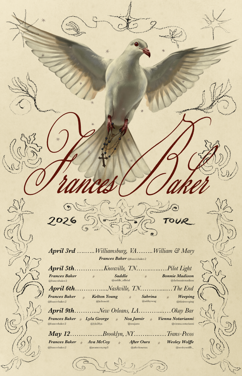 A promotional poster for Frances Baker's 2026 tour features a white dove with outstretched wings holding a rosary. The background includes decorative black line art floral and swirl designs, with the artist's name written in elegant cursive.