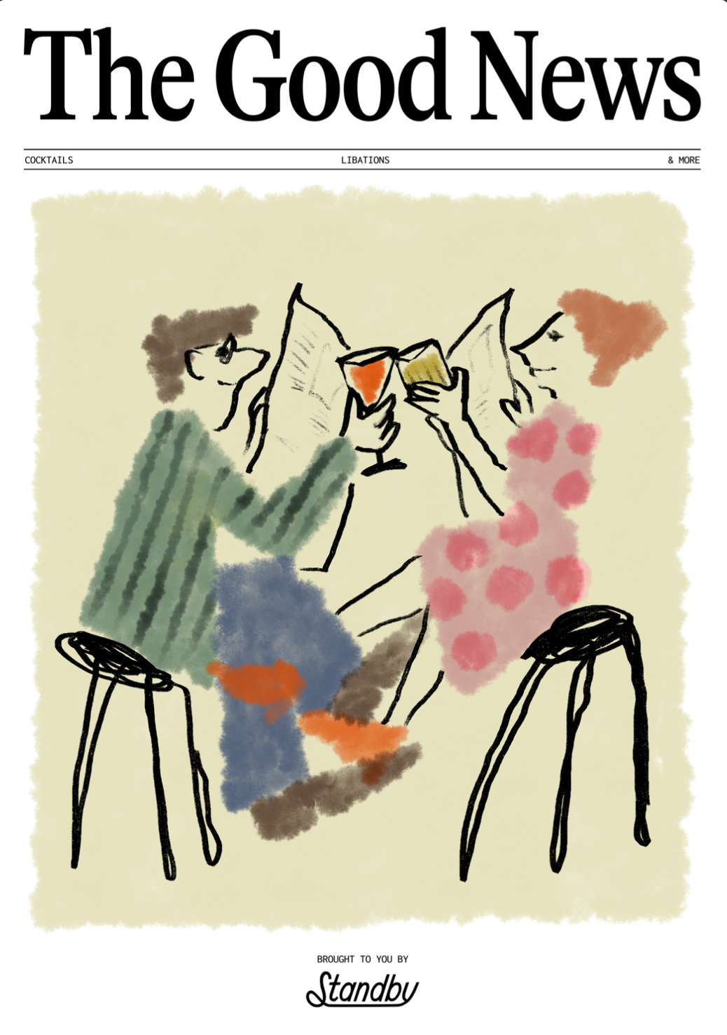 A simplistic, colorful illustration of two women sitting together, holding drinks and toasting, with one wearing a green striped shirt and the other in a pink polka-dot dress. They are seated on stools against a light yellow background. The image is 