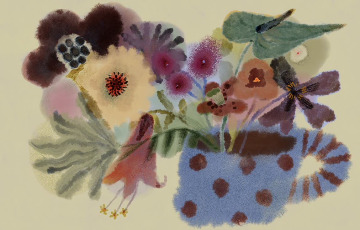 Watercolor painting of a variety of colorful flowers in a blue vase with polka dots.